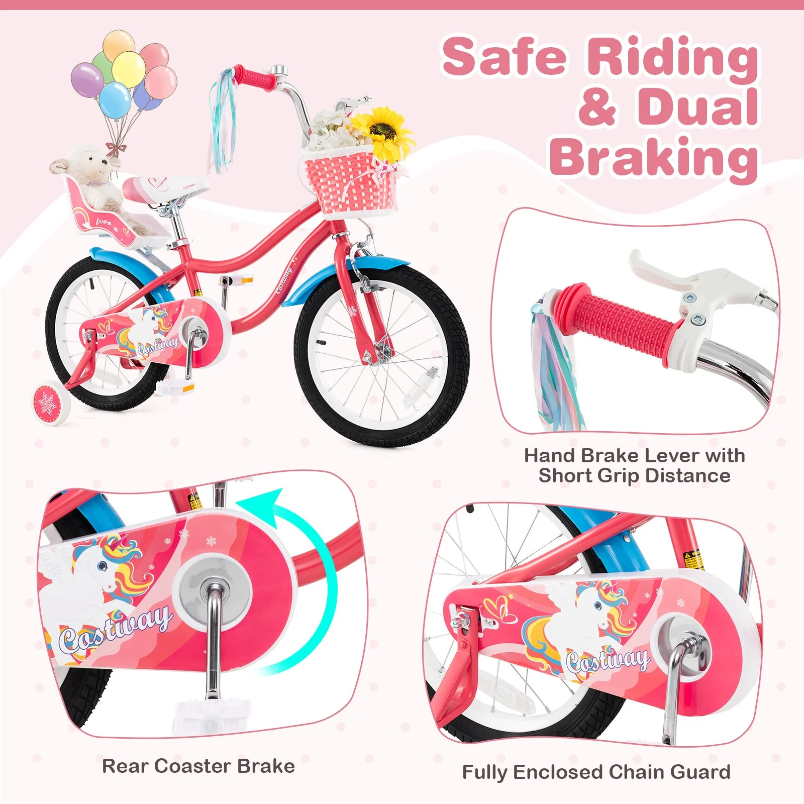 16 Inch Girls Bike for 4-7 Years Old Kids Bike with Doll Seat and Training Wheels - Image 6