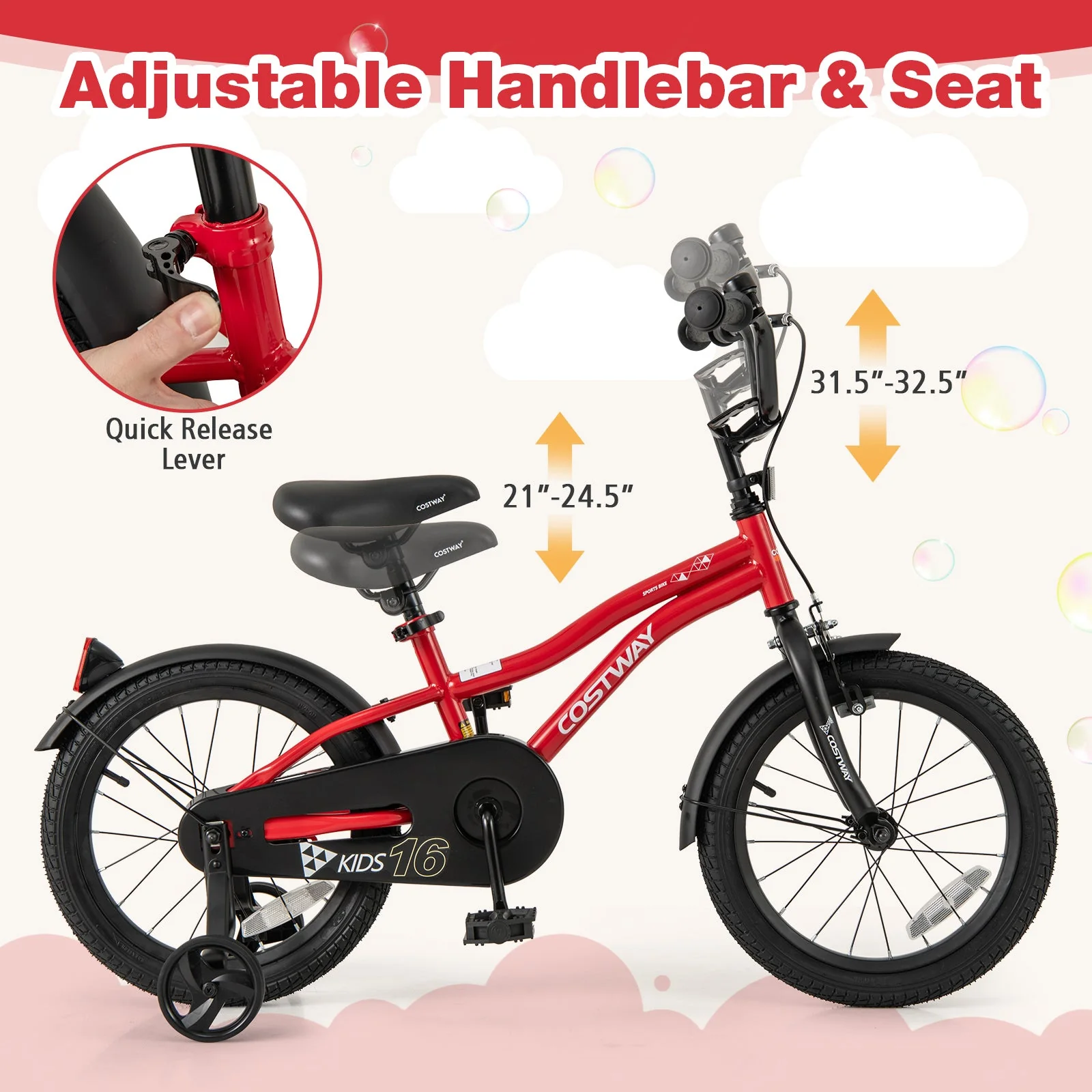 16 Inch Kids Bike Adjustable Bicycle with Reflectors and Bell for 4-7 Years Old - Image 6
