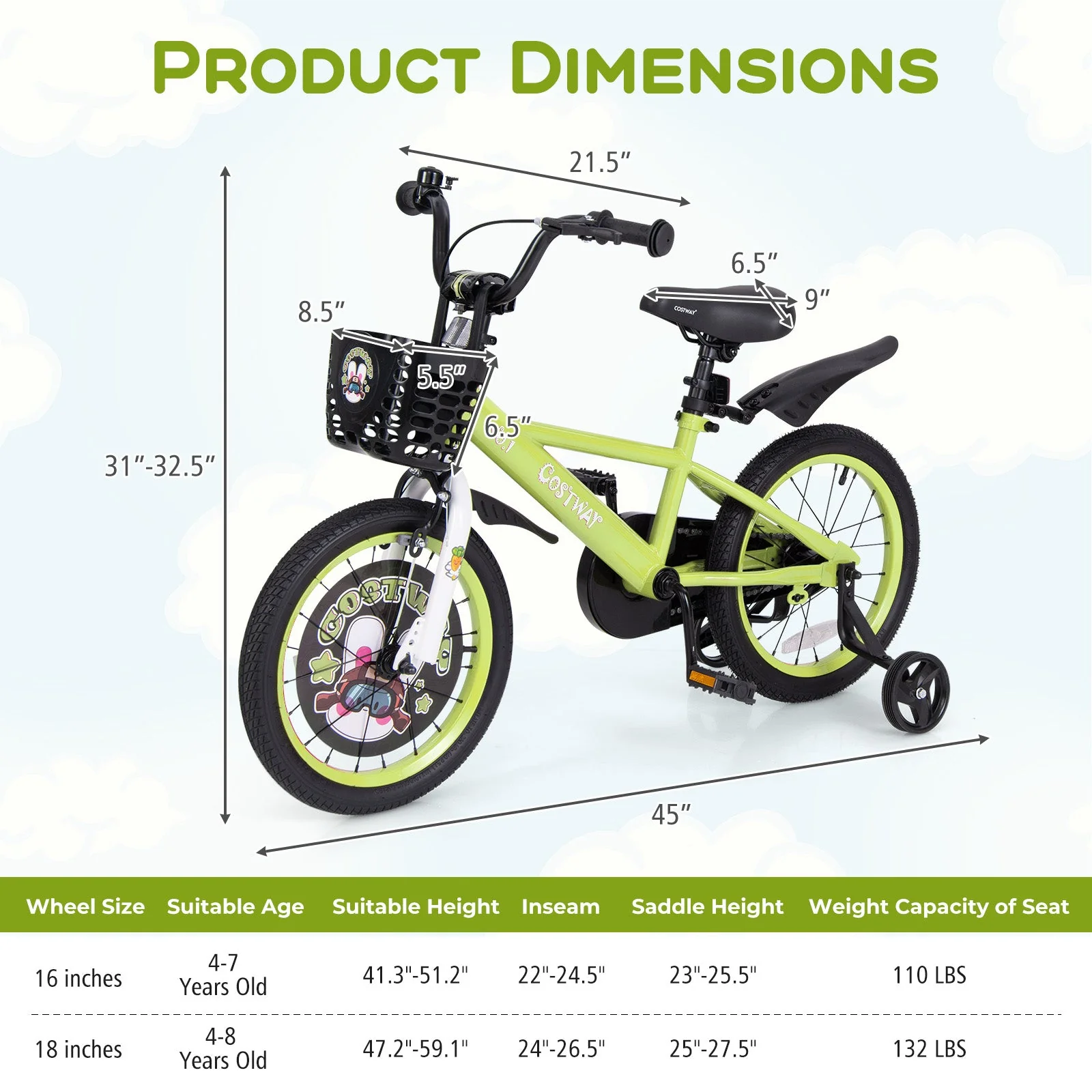 16 Inch Kids Bike Adjustable with Detachable Training Wheels for 4-8 Years Old-16 inches - Image 4