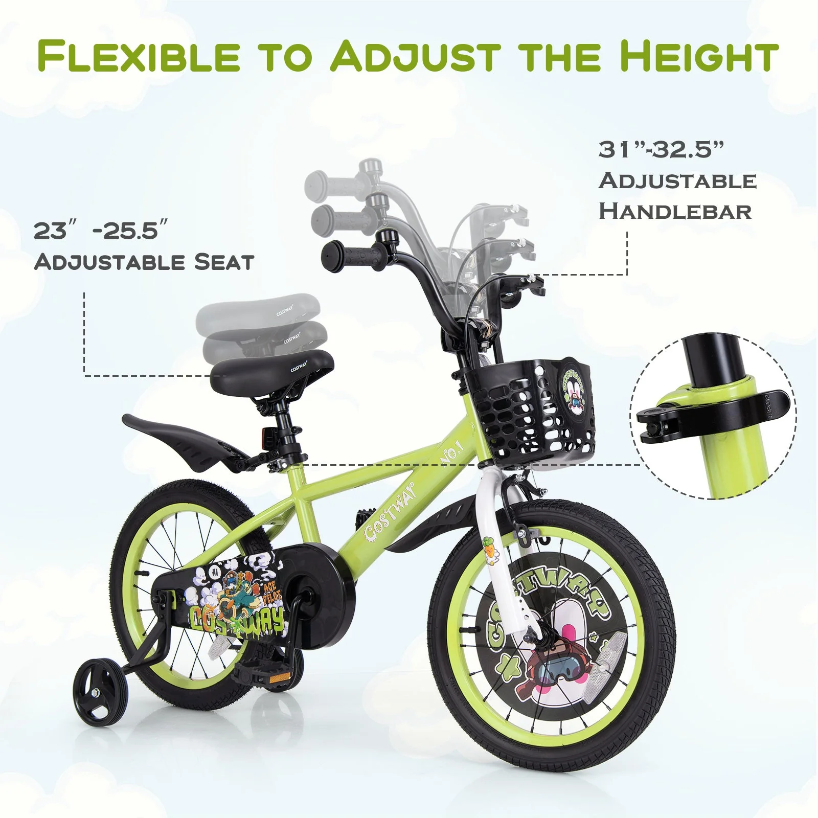 16 Inch Kids Bike Adjustable with Detachable Training Wheels for 4-8 Years Old-16 inches - Image 8