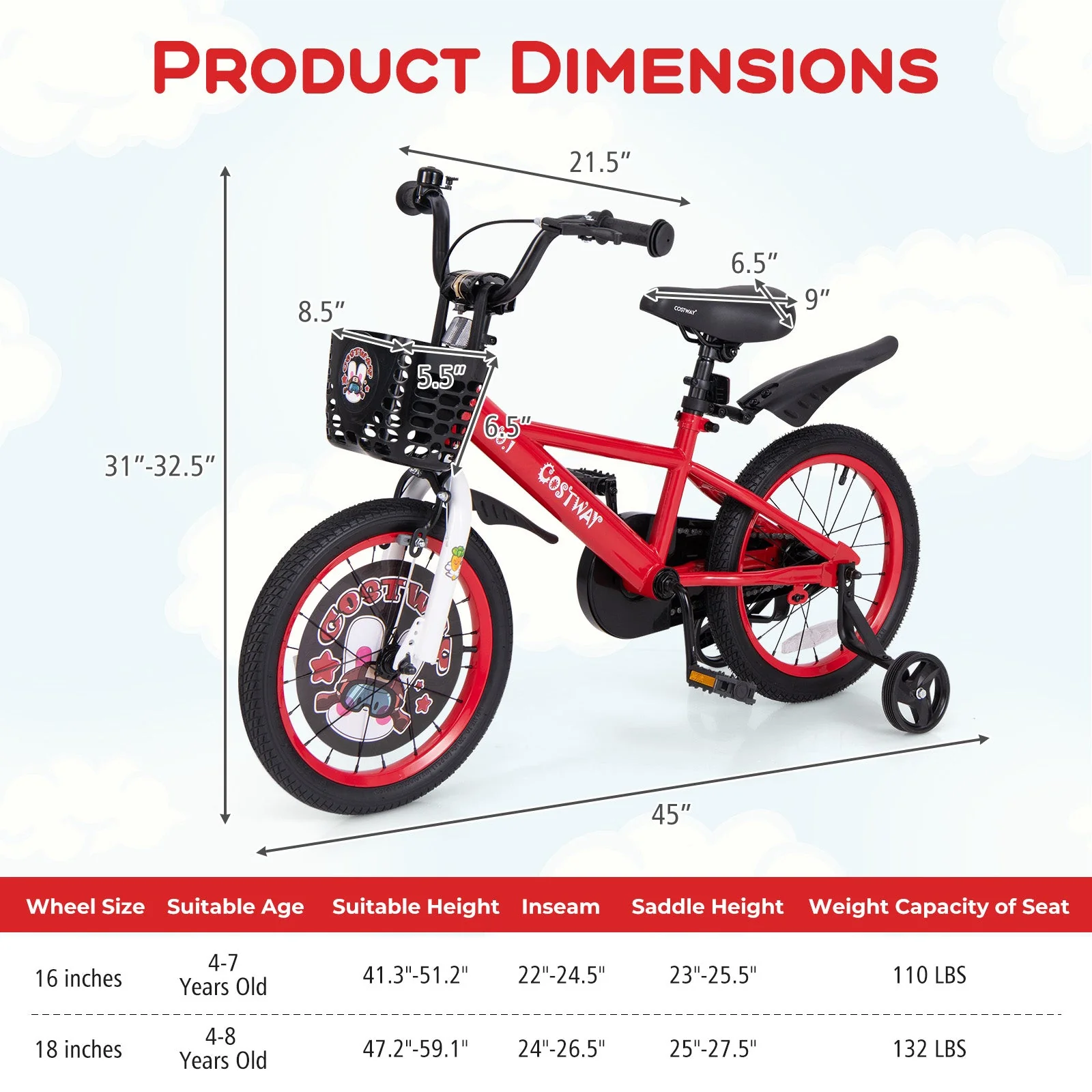 16 Inch Kids Bike Adjustable with Storage Basket and Double Brake for 4-8 Years Old-16 inches - Image 5