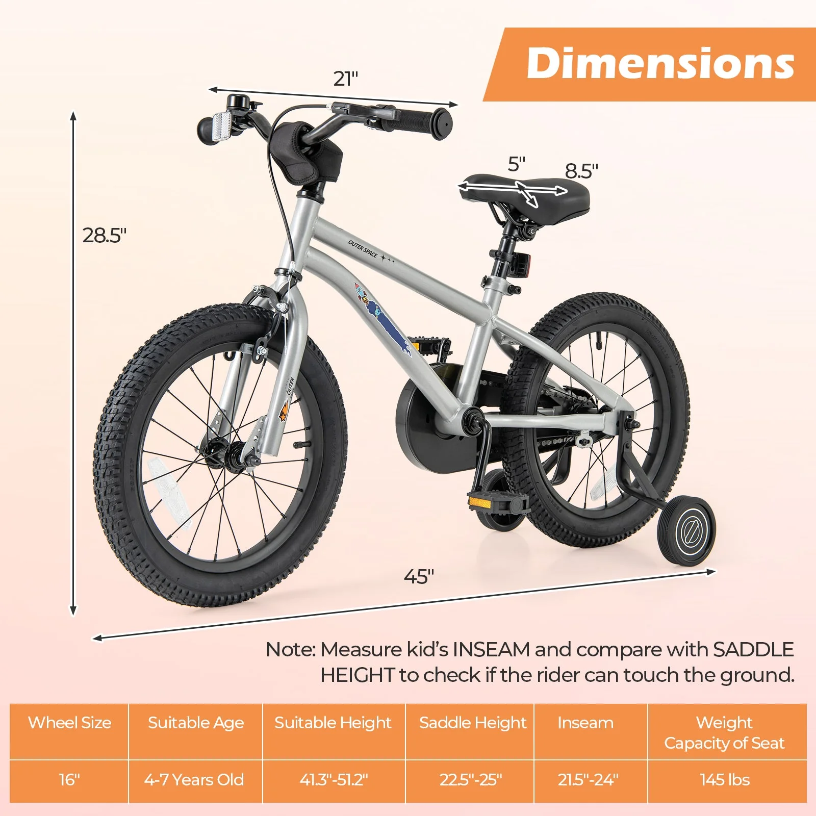 16-Inch Kids Bike Bicycle for Boys Girls 4-7 Adjustable with High Carbon Steel Frame-16 inches - Image 4