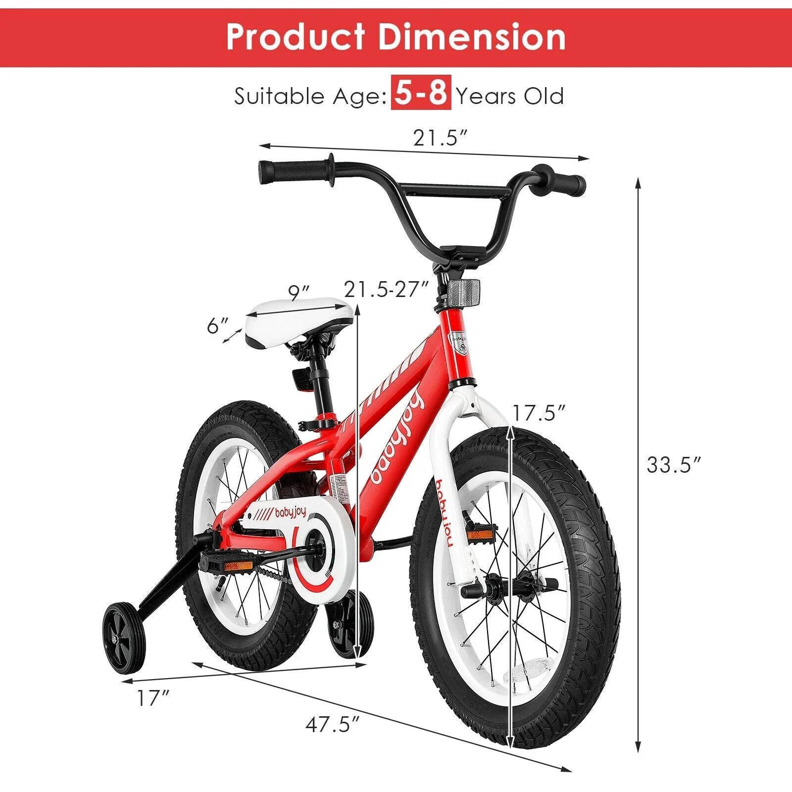 16 Inch Kids Bike Bicycle with Training Wheels for 5-8 Years Old Kids-Red - Image 5