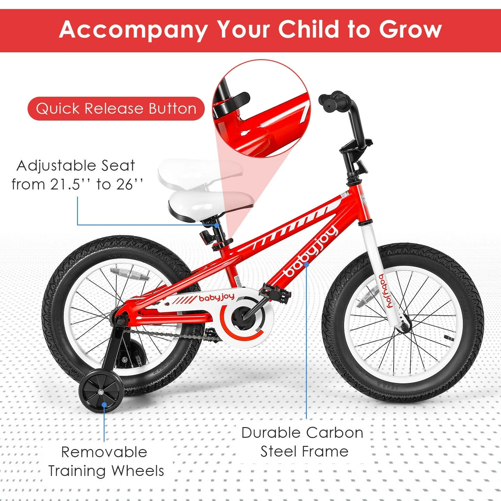 16 Inch Kids Bike Bicycle with Training Wheels for 5-8 Years Old Kids-Red - Image 8