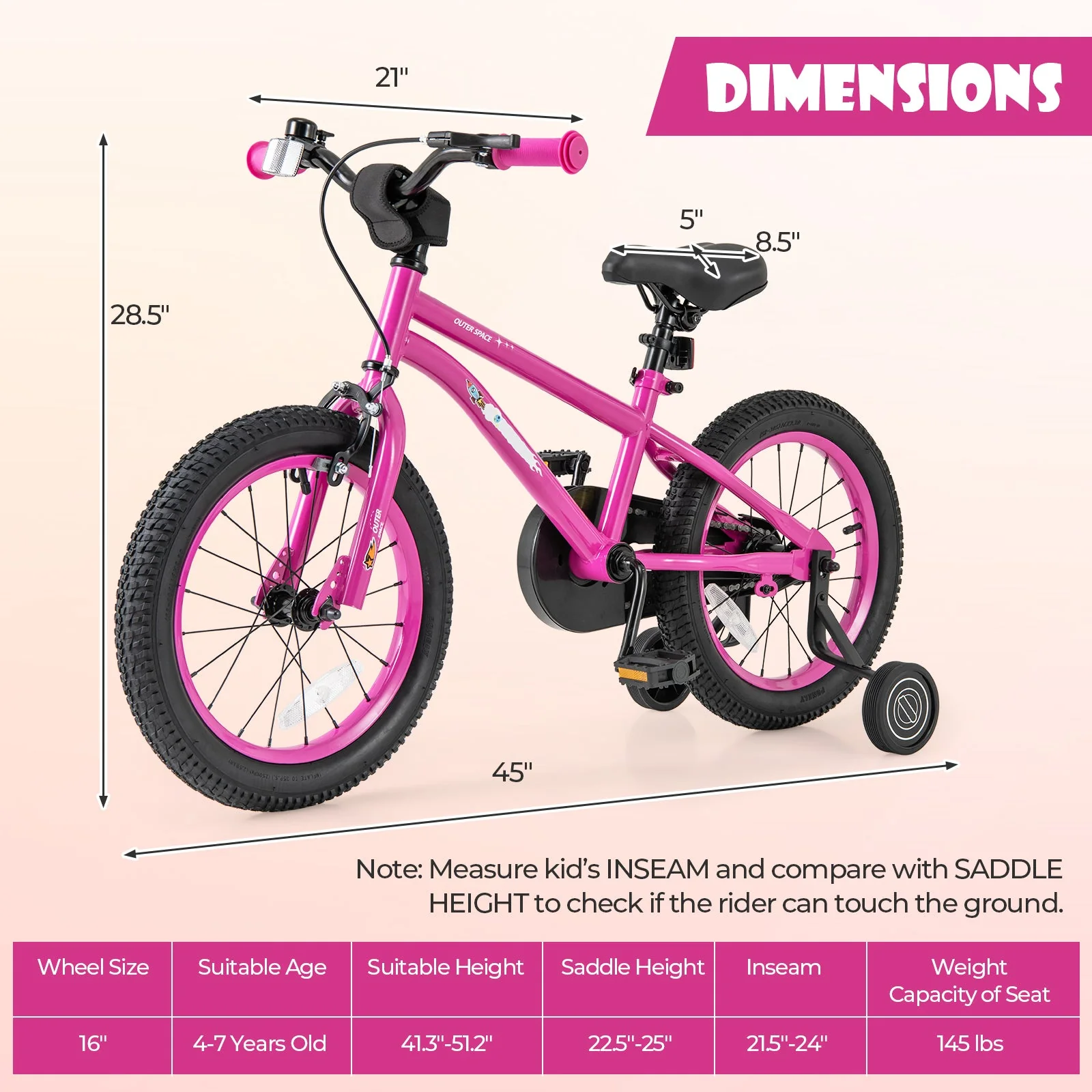 16-Inch Kids Bike for 4-7 Years Old Adjustable with Removable Training Wheels-16 inches - Image 4