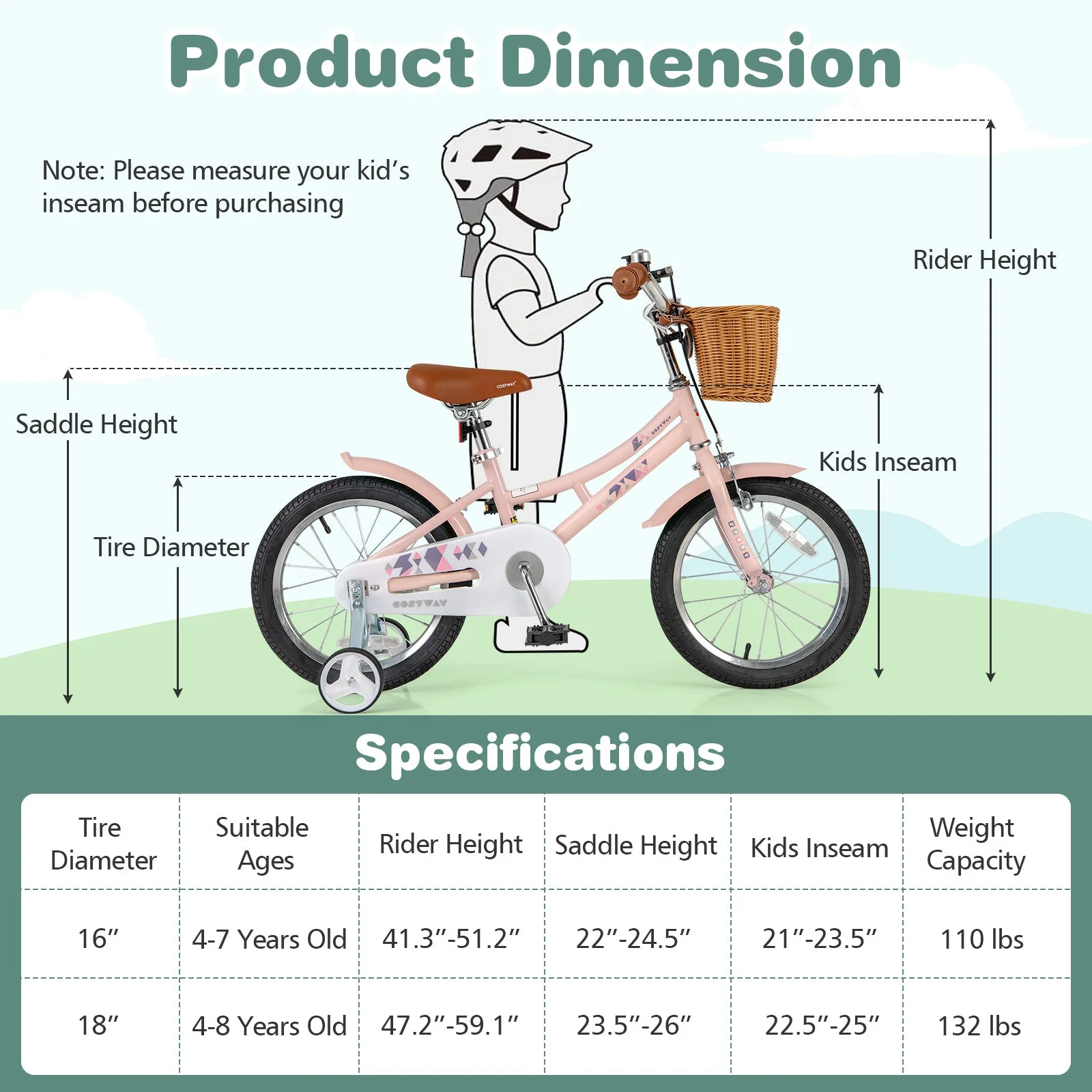 16 Inch Kids Bike Retro Bicycle with Adjustable Height and Basket for Ages 4-7 Years Old-16 inches - Image 4