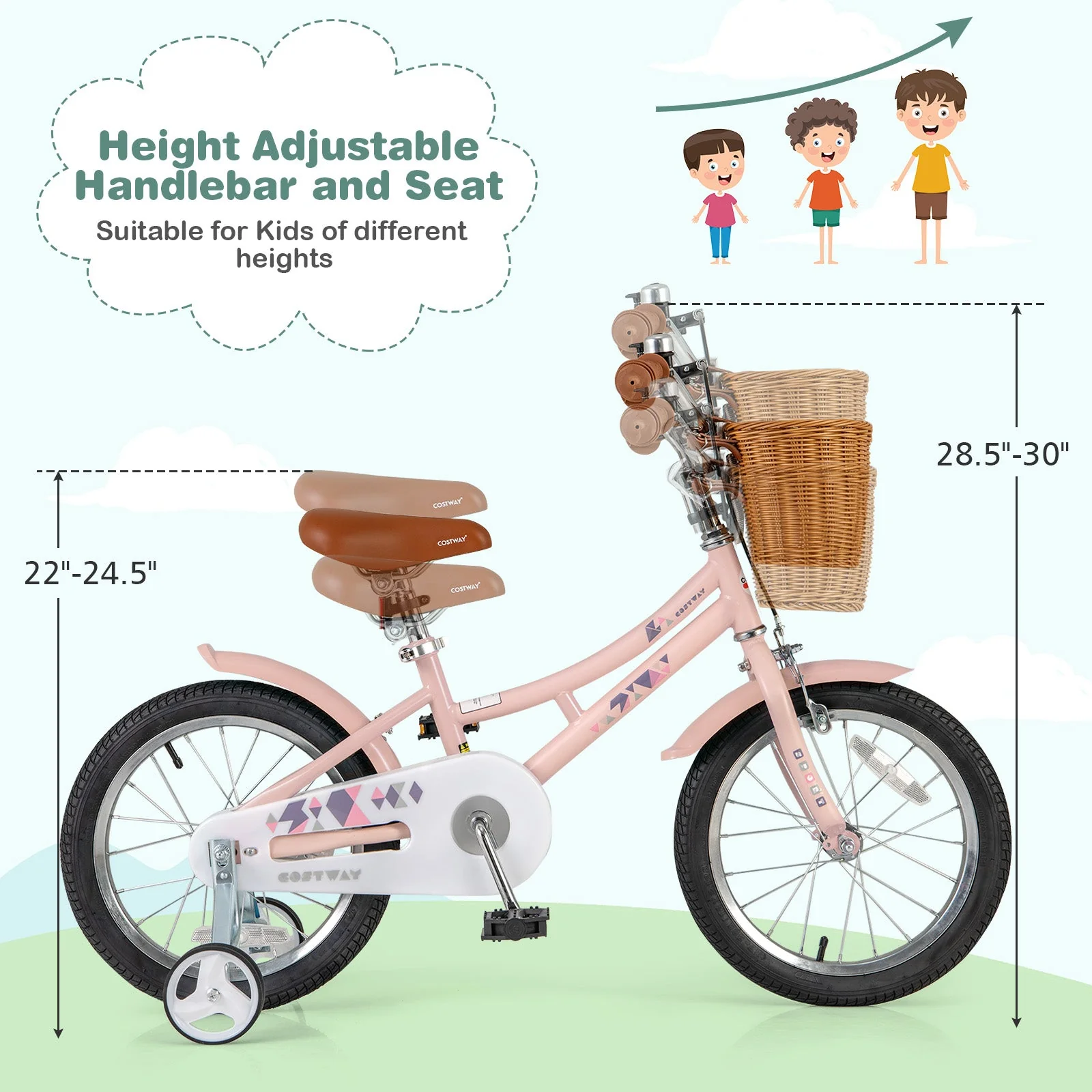 16 Inch Kids Bike Retro Bicycle with Adjustable Height and Basket for Ages 4-7 Years Old-16 inches - Image 5