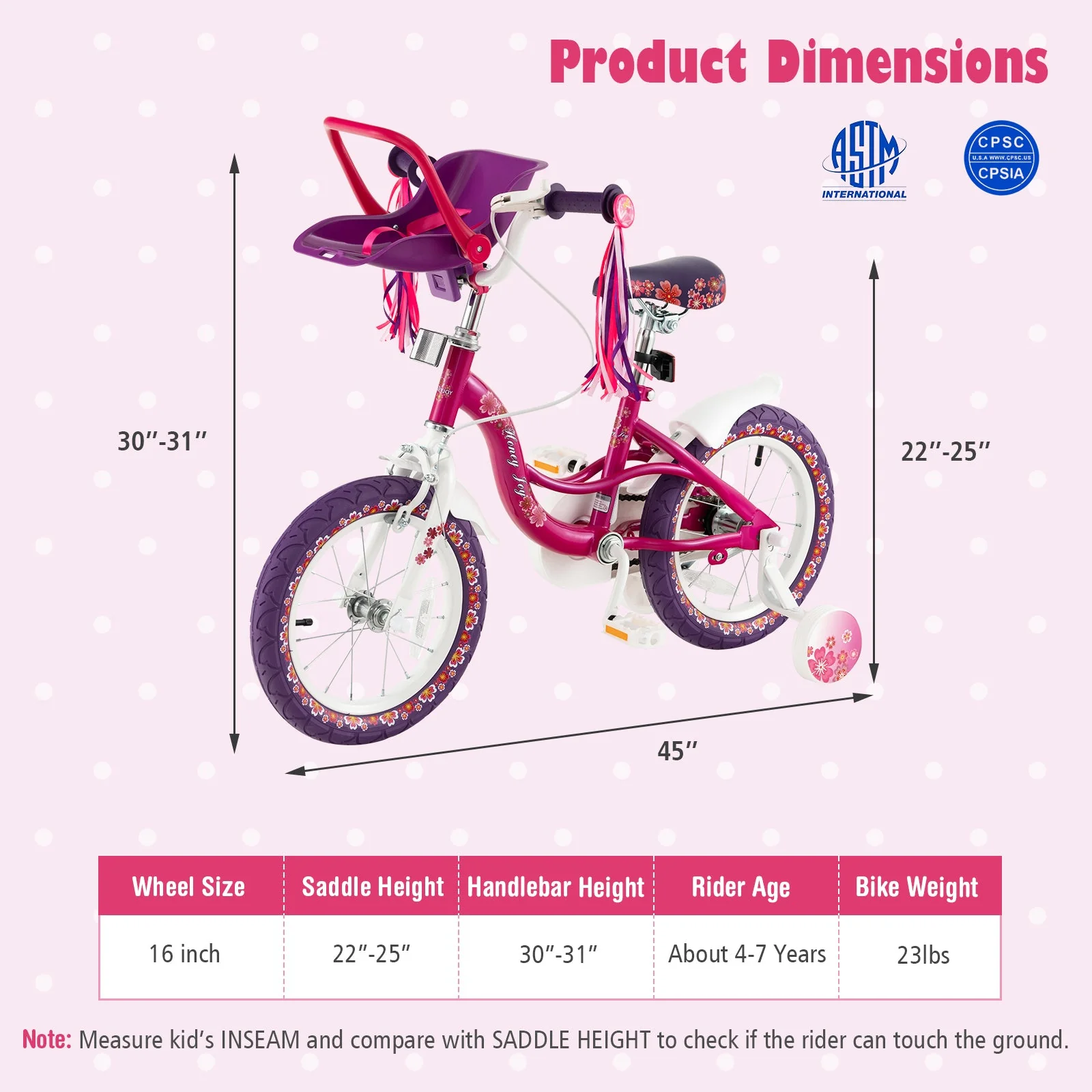 16 Inch Kids Bike with Doll Seat and Removable Training Wheels-16 inches - Image 4