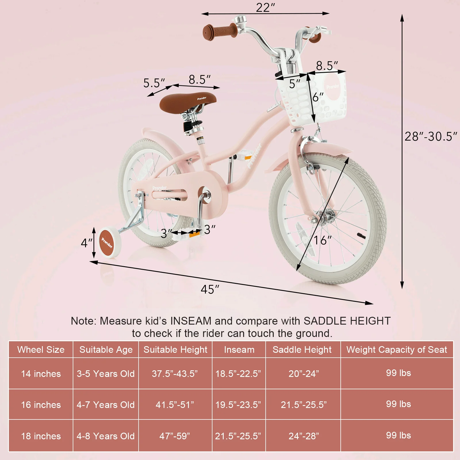 16 Inch Kids Bike with Front Handbrake and 2 Training Wheels-Pink - Image 3