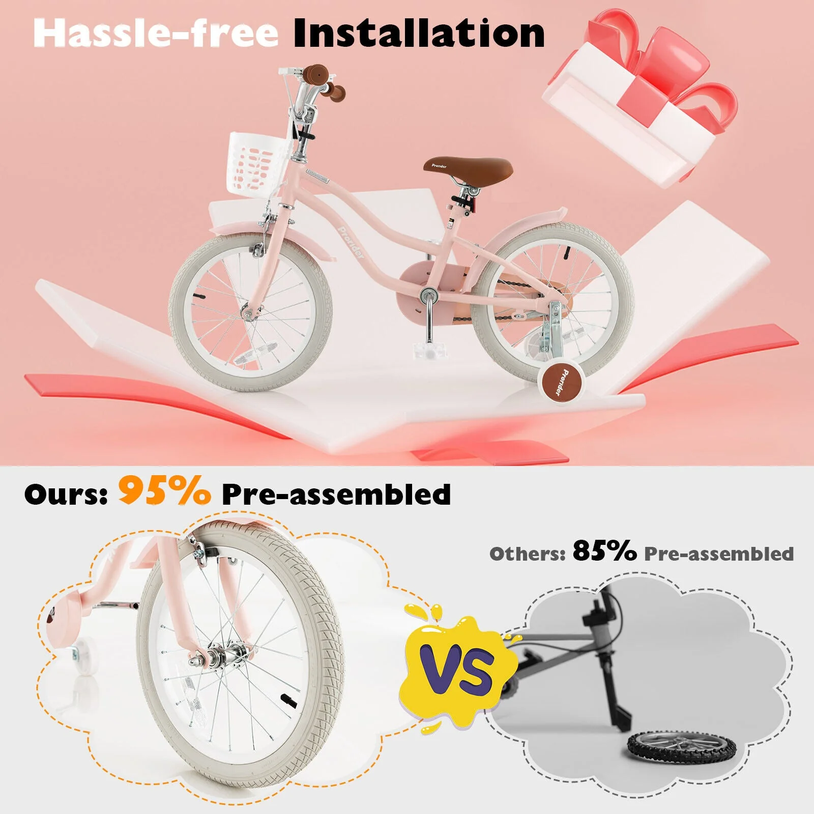 16 Inch Kids Bike with Front Handbrake and 2 Training Wheels-Pink - Image 6