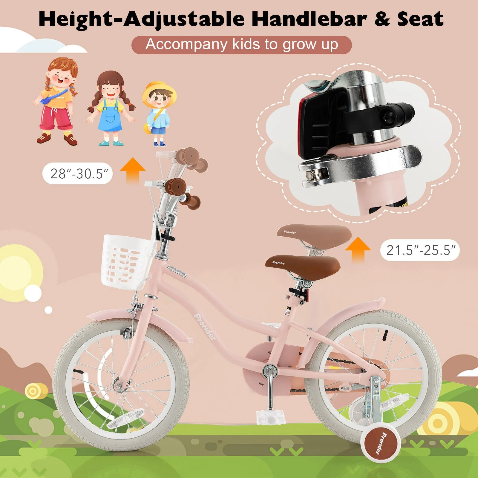 16 Inch Kids Bike with Front Handbrake and 2 Training Wheels-Pink - Image 7