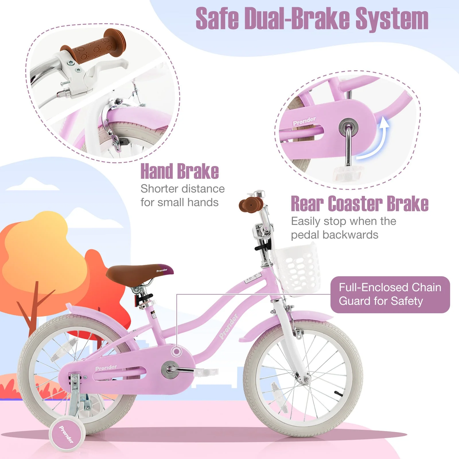 16 Inch Kids Bike with Front Handbrake and 2 Training Wheels-Purple - Image 4