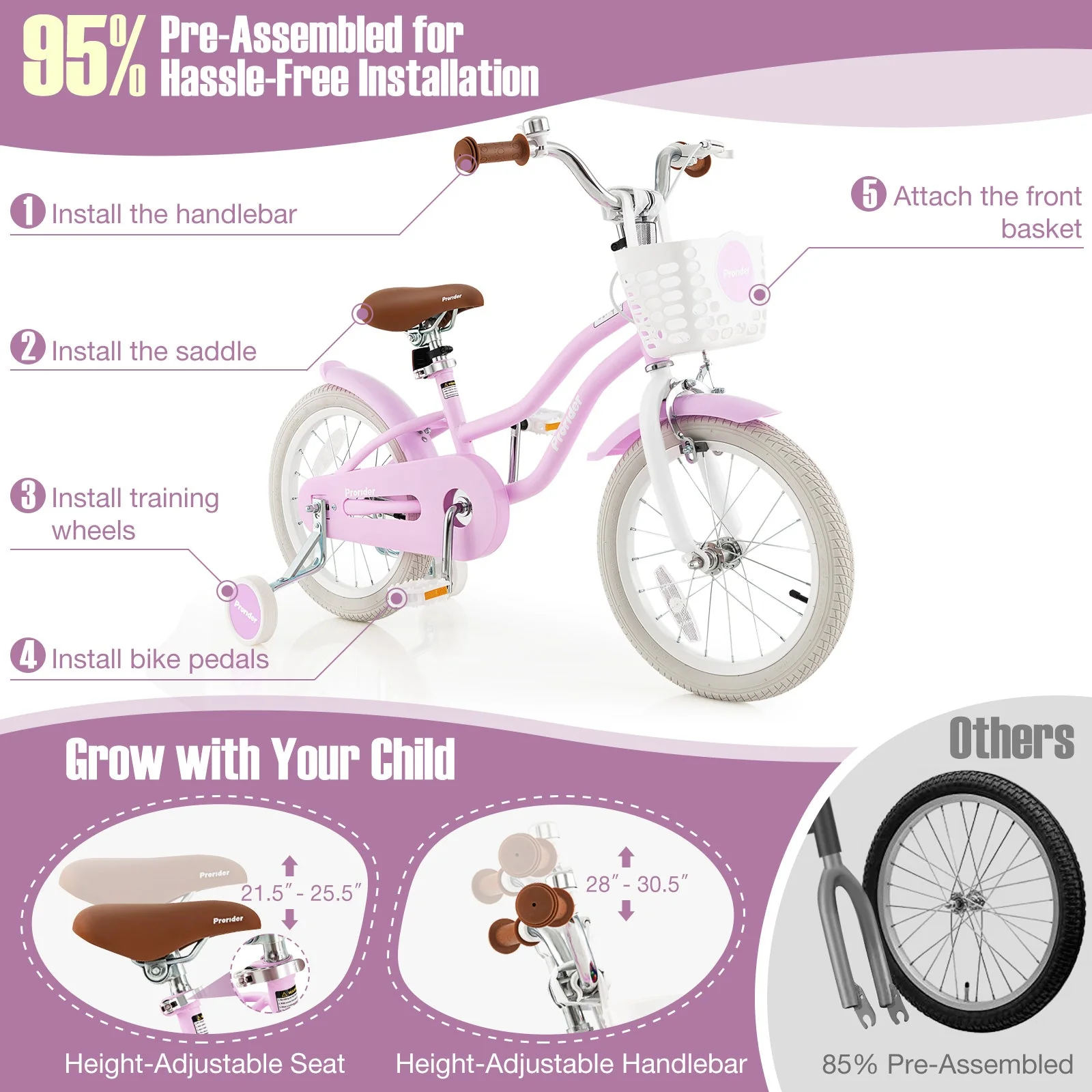 16 Inch Kids Bike with Front Handbrake and 2 Training Wheels-Purple - Image 5