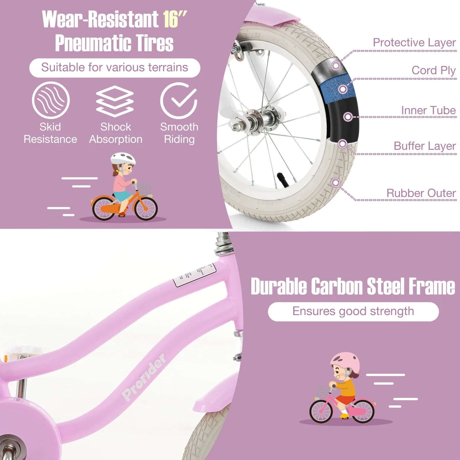16 Inch Kids Bike with Front Handbrake and 2 Training Wheels-Purple - Image 8