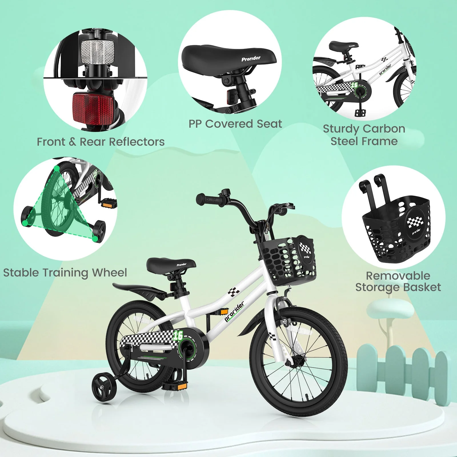 16 Inch Kids Bike with Removable Training Wheels-Black & White - Image 6