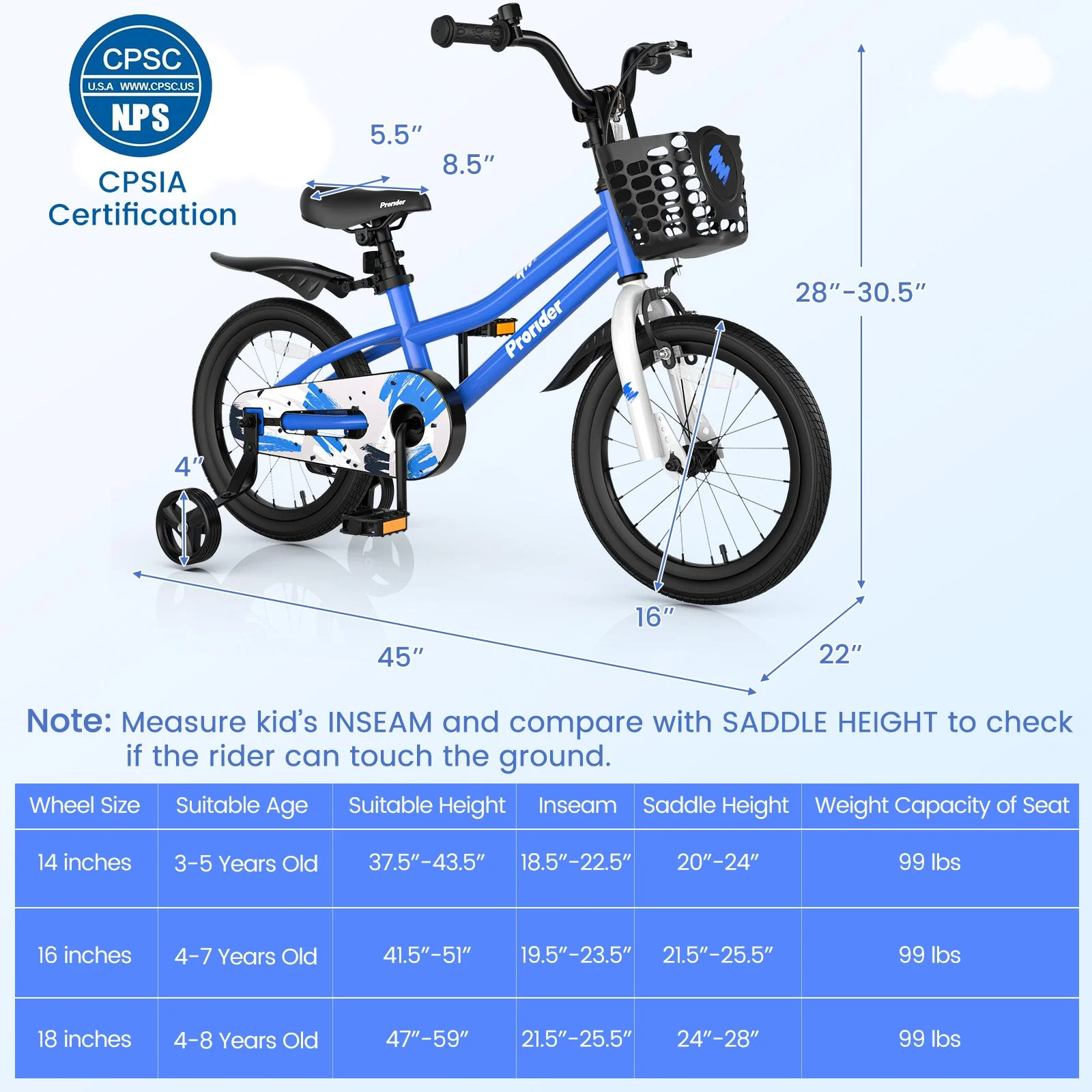 16 Inch Kids Bike with Removable Training Wheels-Blue - Image 3