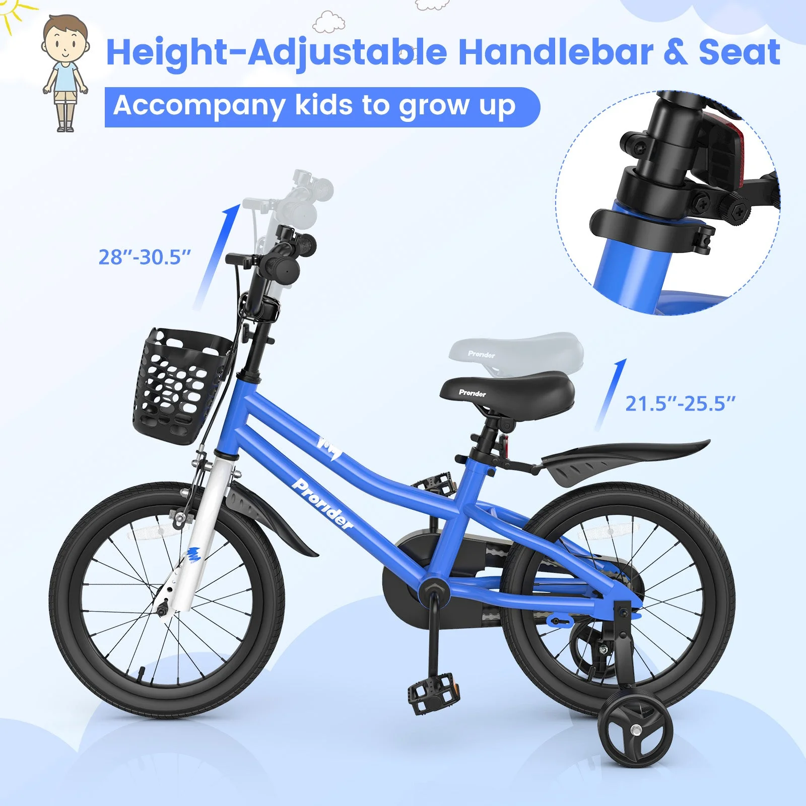 16 Inch Kids Bike with Removable Training Wheels-Blue - Image 6