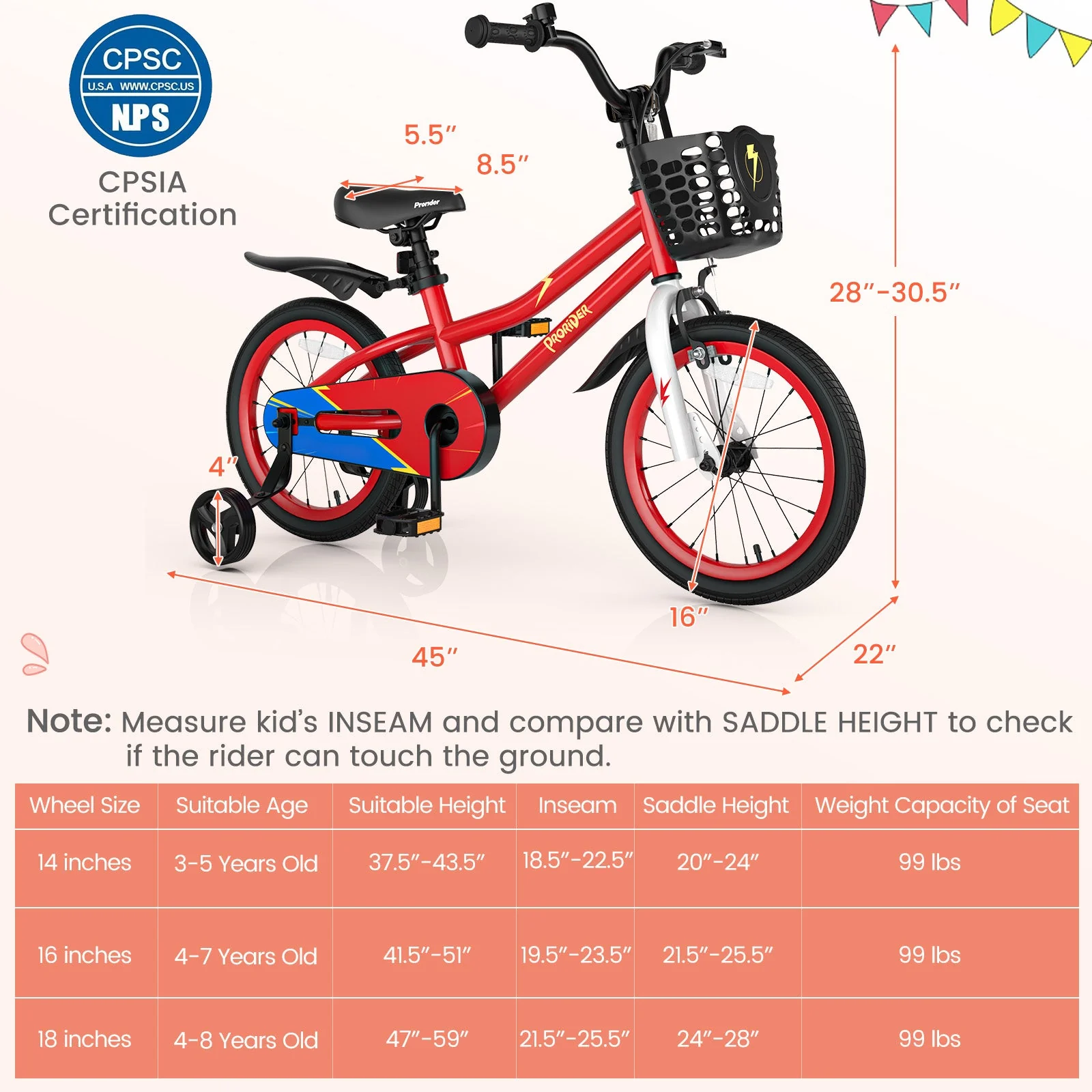 16 Inch Kids Bike with Removable Training Wheels-Red - Image 3