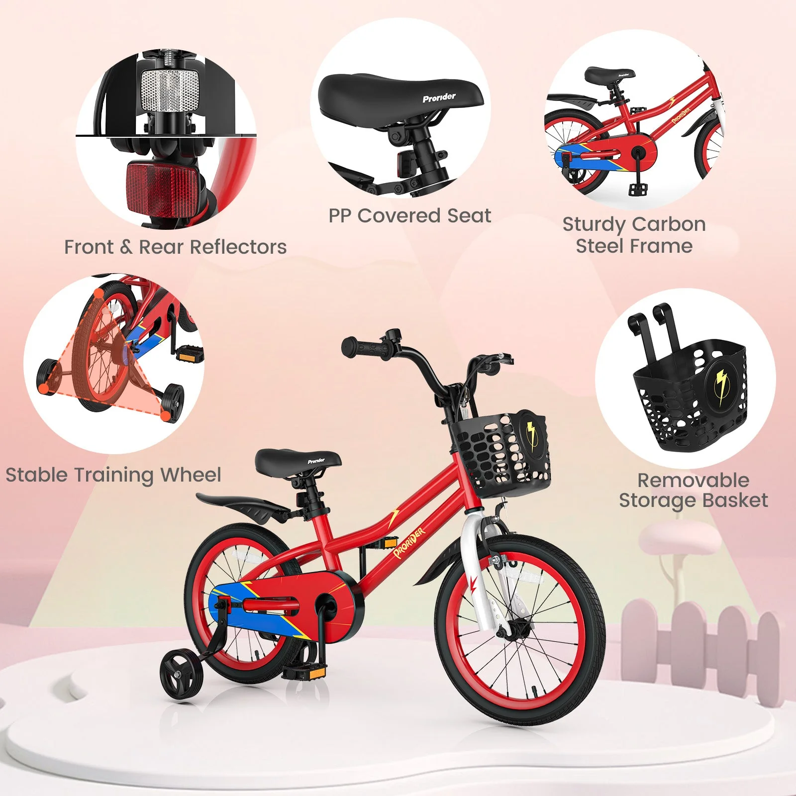 16 Inch Kids Bike with Removable Training Wheels-Red - Image 5