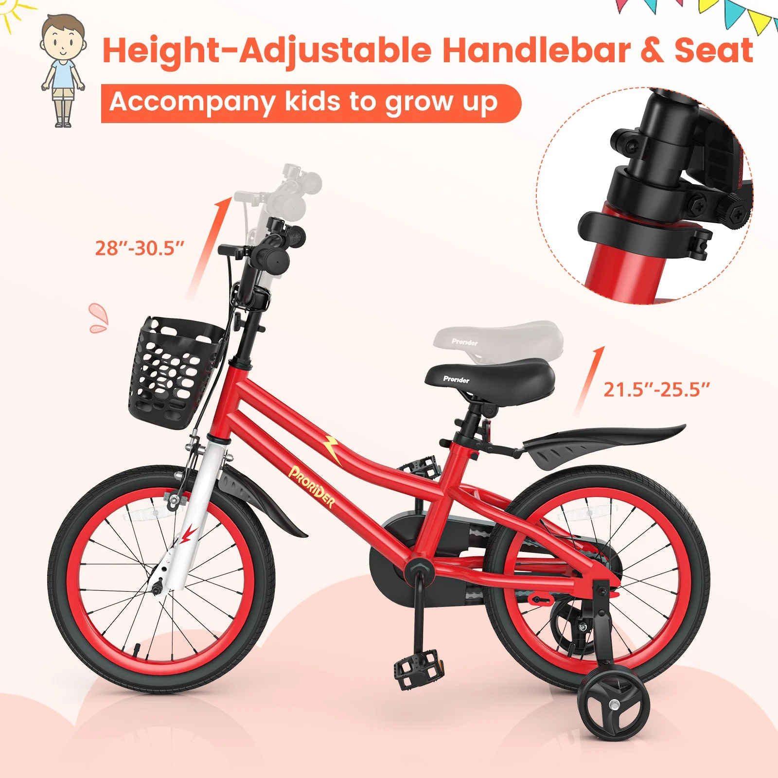 16 Inch Kids Bike with Removable Training Wheels-Red - Image 6