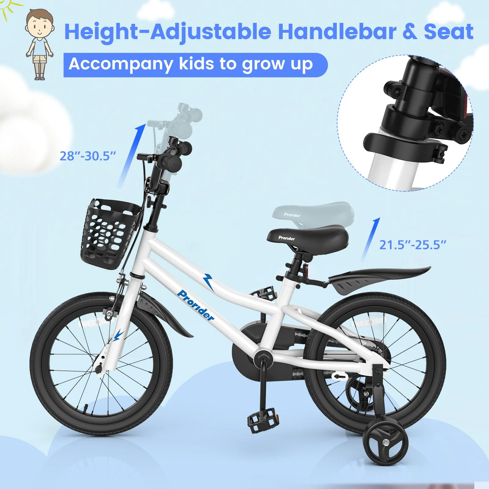 16 Inch Kids Bike with Removable Training Wheels-White - Image 6