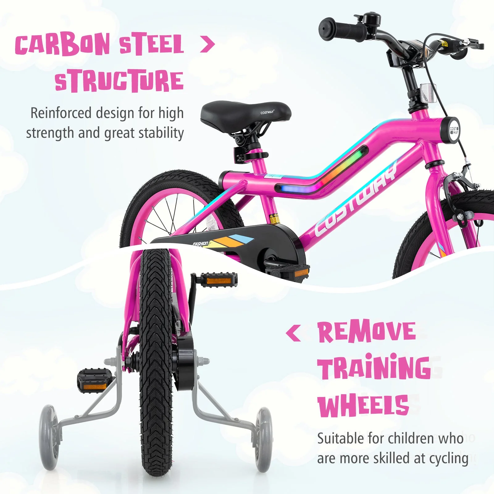 16 Inch LED Lighted Kids Bike with Training Wheels and Headlight for Ages 4-7 Years-16 inches - Image 7