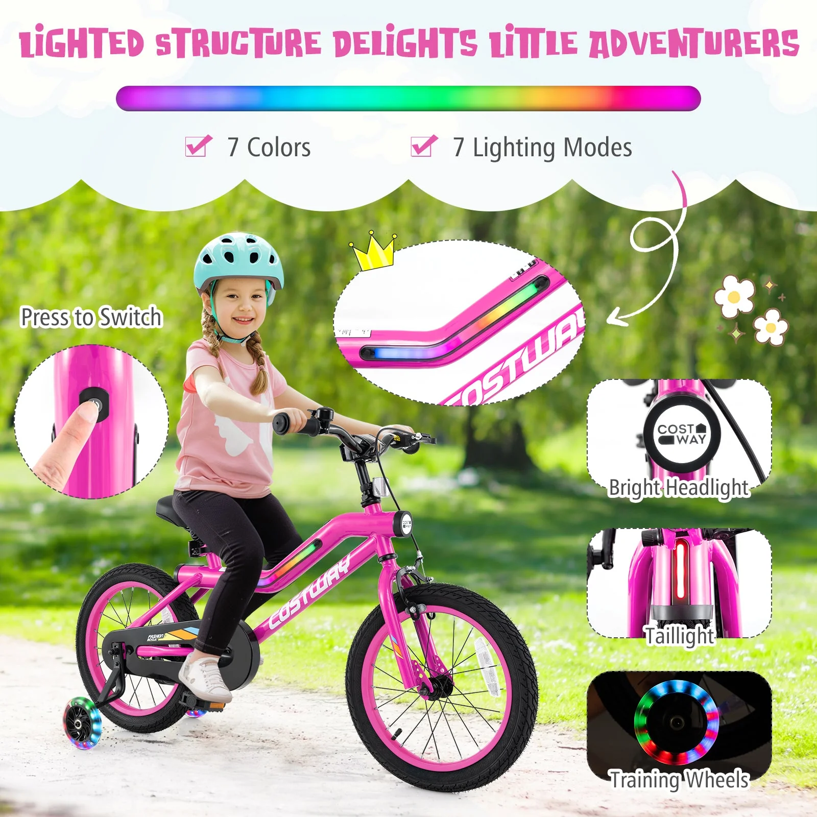 16 Inch LED Lighted Kids Bike with Training Wheels and Headlight for Ages 4-7 Years-16 inches - Image 8
