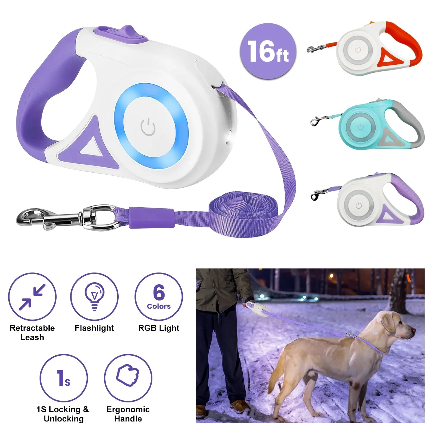 16FT Retractable Dog Leash Extendable Pet Leash Dog Walking Leash with Flashlight RGB Light 2 Rolls of Waste Bags Dispenser Fit for 66-110lbs - Image 4