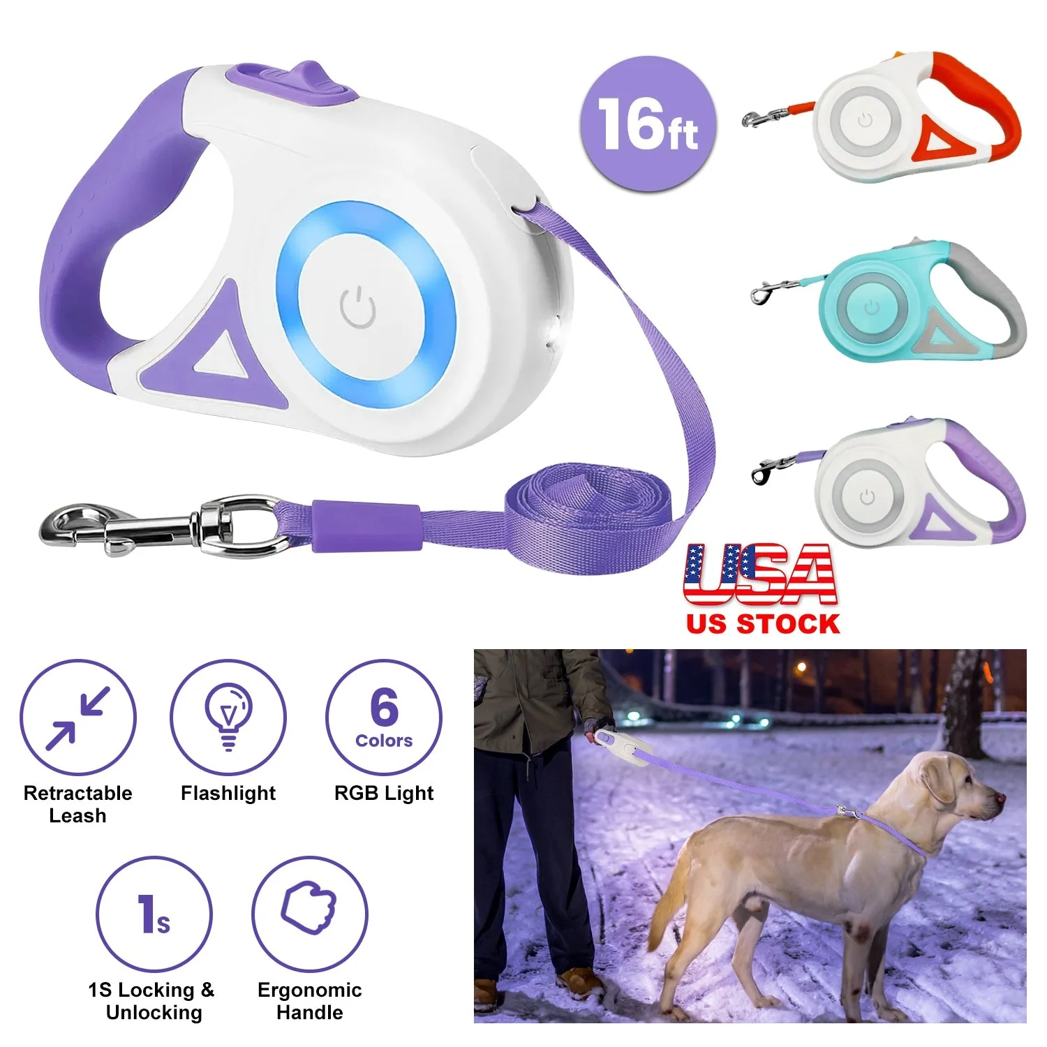 16FT Retractable Dog Leash Extendable Pet Leash Dog Walking Leash with Flashlight RGB Light 2 Rolls of Waste Bags Dispenser Fit for 66-110lbs - Image 6