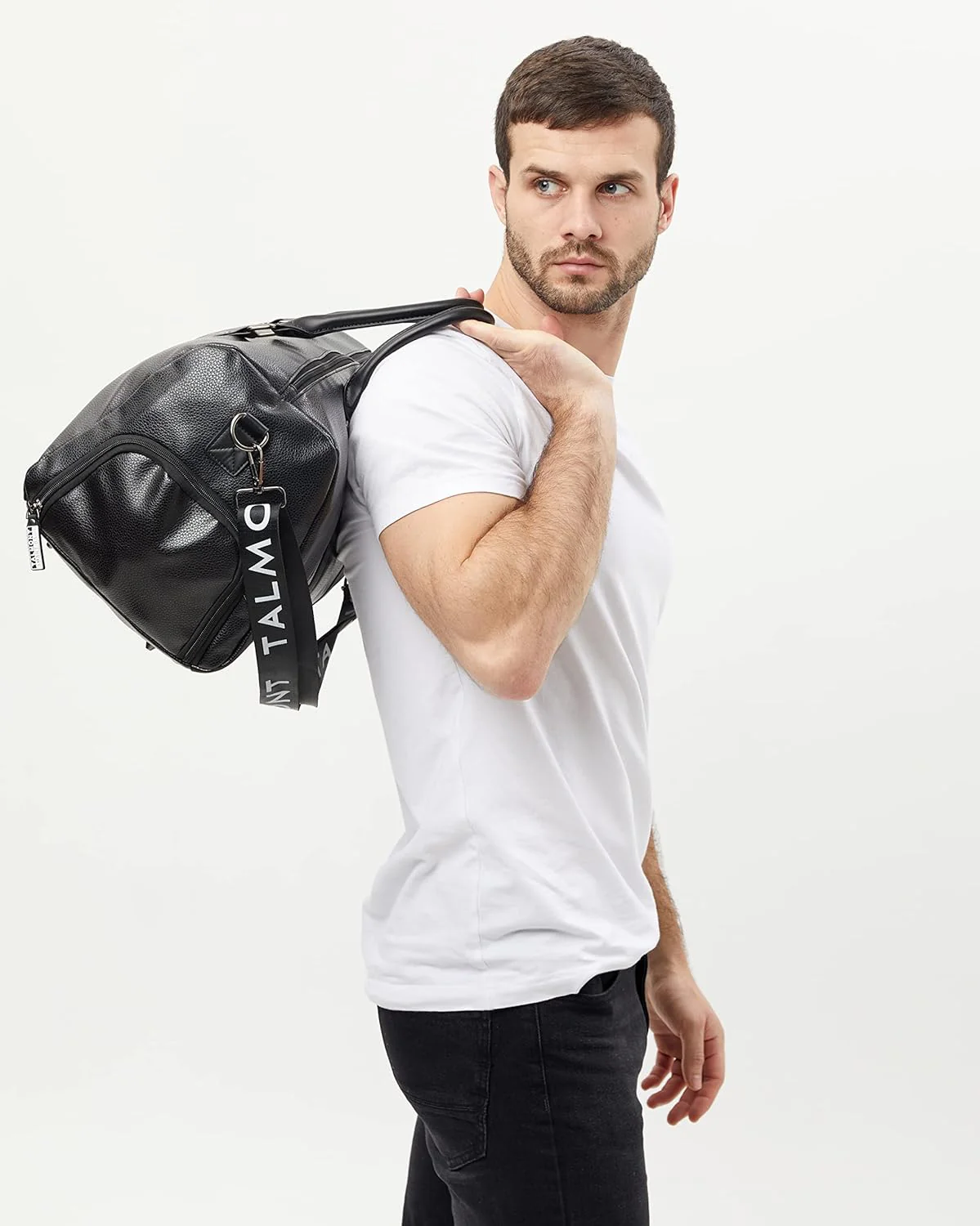 17.7 inch Gym Duffle Leather Bag with Shoe Compartment for Sports Travel - Adjustable Shoulder Strap, Weekender Travel Overnight Bag for Men - Image 4