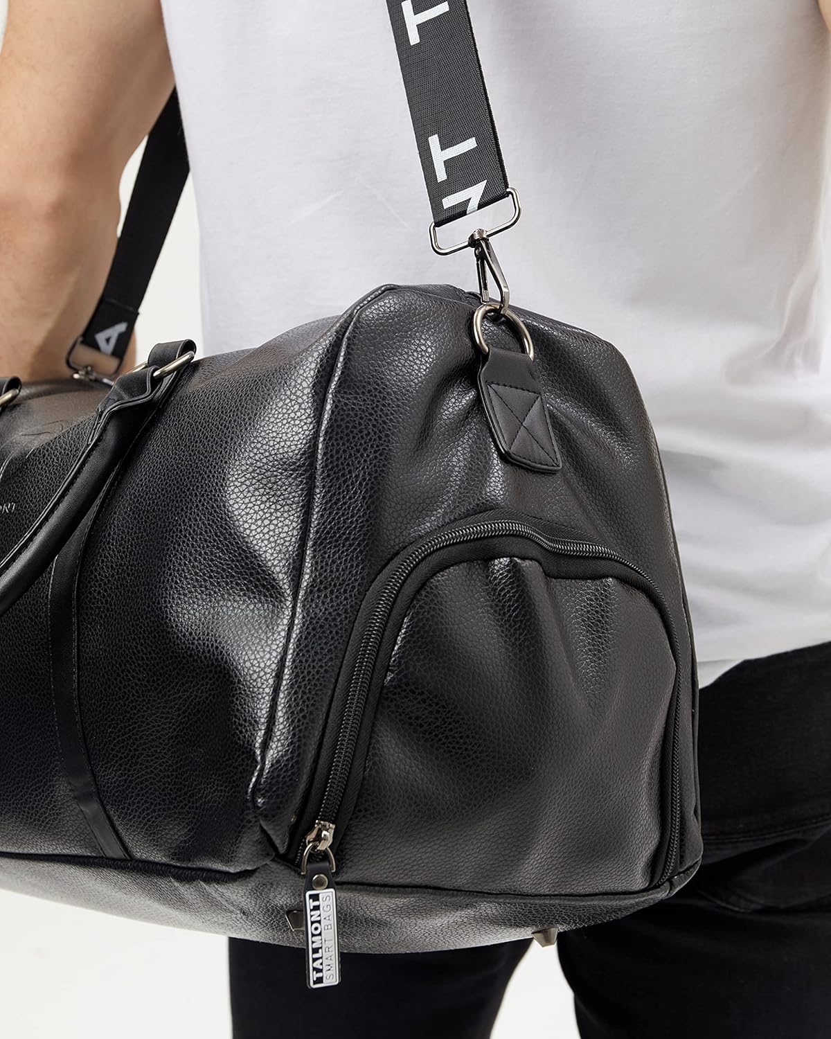 17.7 inch Gym Duffle Leather Bag with Shoe Compartment for Sports Travel - Adjustable Shoulder Strap, Weekender Travel Overnight Bag for Men - Image 7