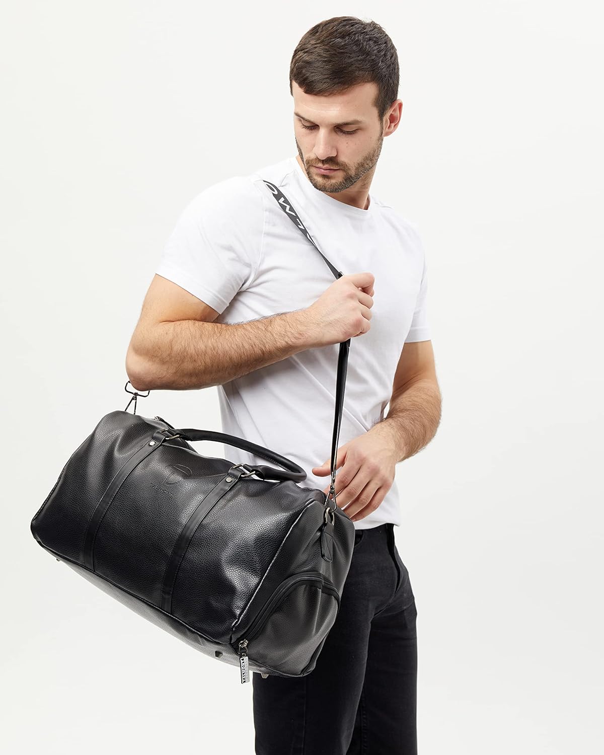 17.7 inch Gym Duffle Leather Bag with Shoe Compartment for Sports Travel - Adjustable Shoulder Strap, Weekender Travel Overnight Bag for Men - Image 8
