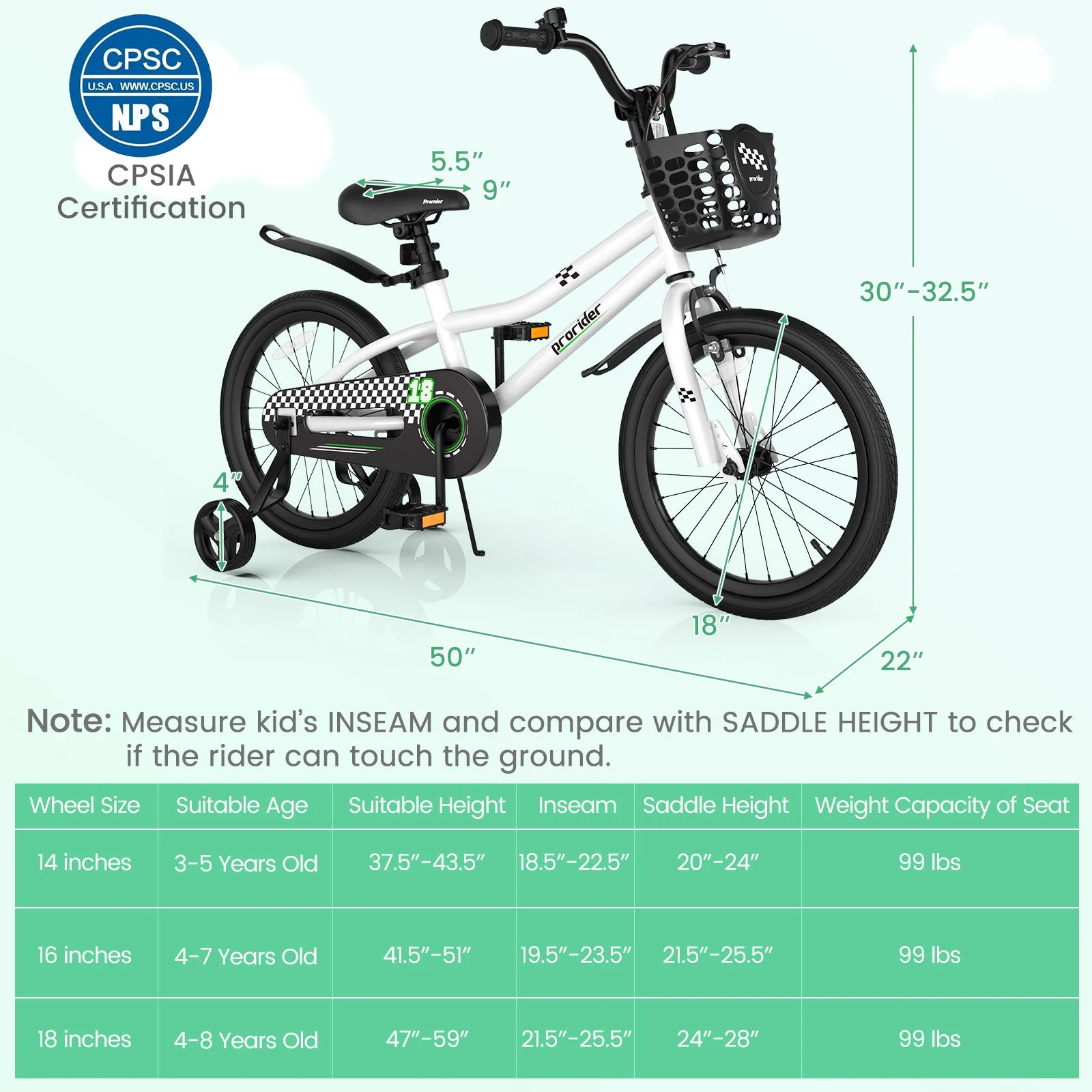18 Feet Kids Bike with Removable Training Wheels-Black & White - Image 4