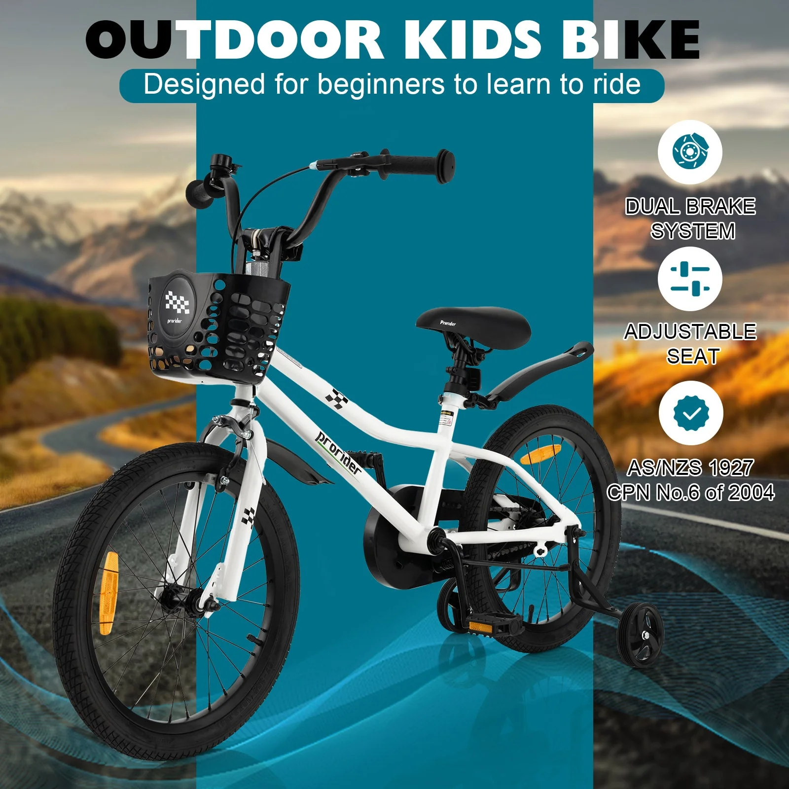 18 Feet Kids Bike with Removable Training Wheels-Black & White - Image 5