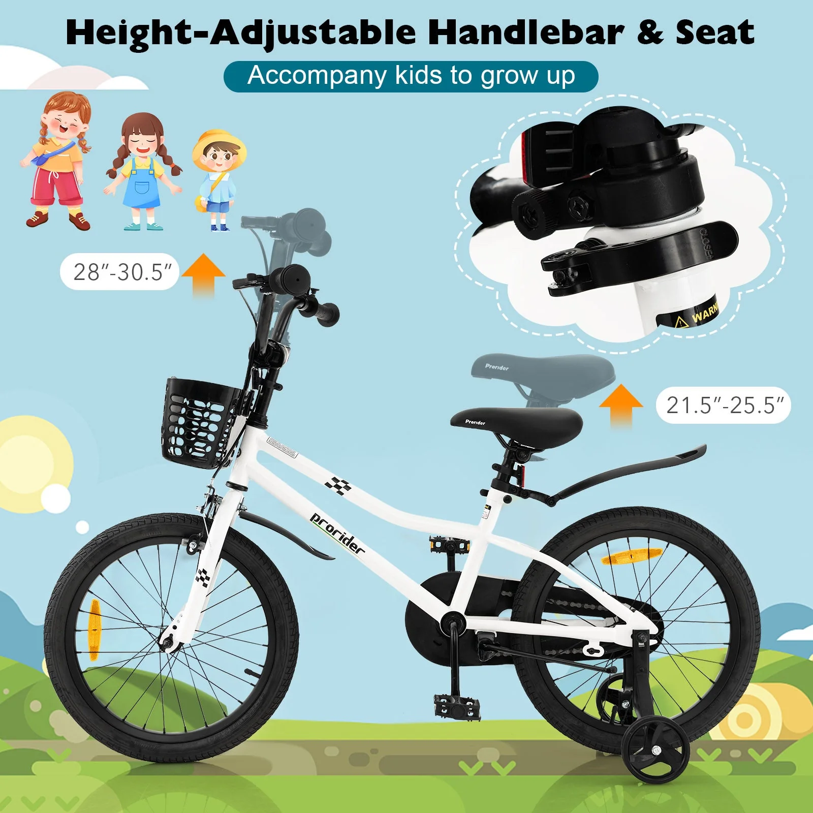 18 Feet Kids Bike with Removable Training Wheels-Black & White - Image 7
