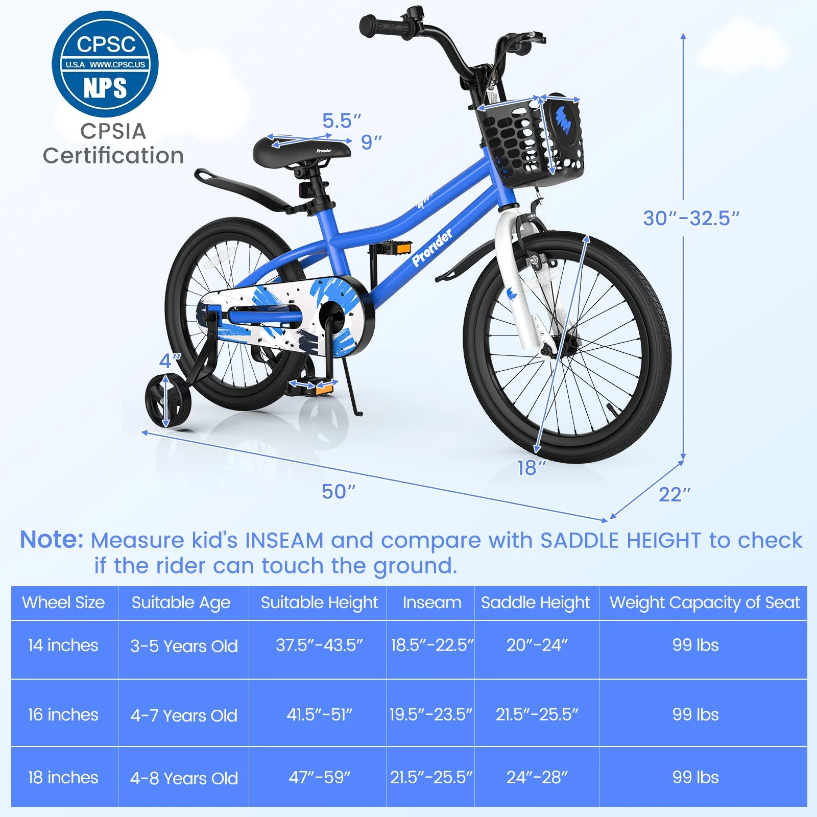 18 Feet Kids Bike with Removable Training Wheels-Blue - Image 5