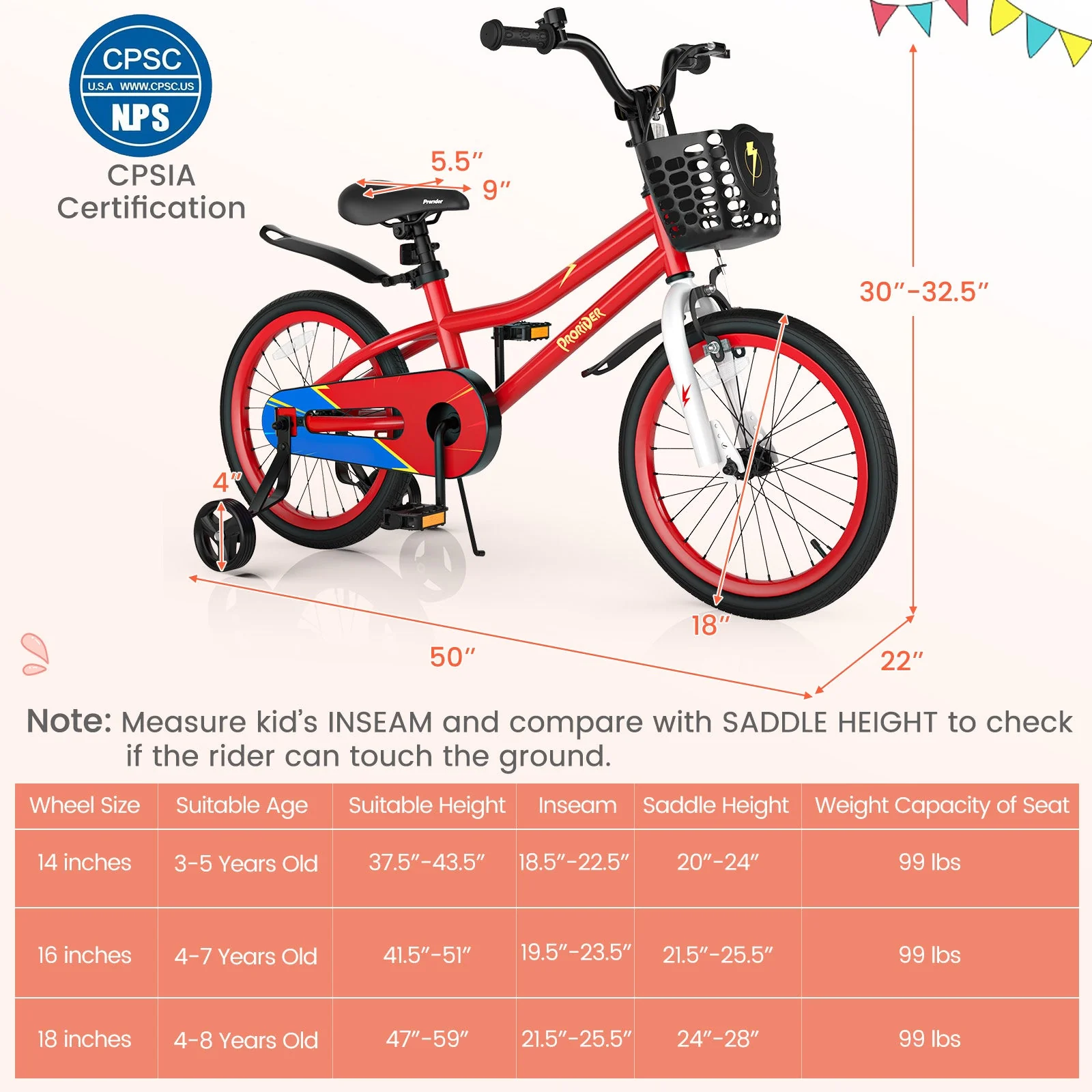 18 Feet Kids Bike with Removable Training Wheels-Red - Image 5