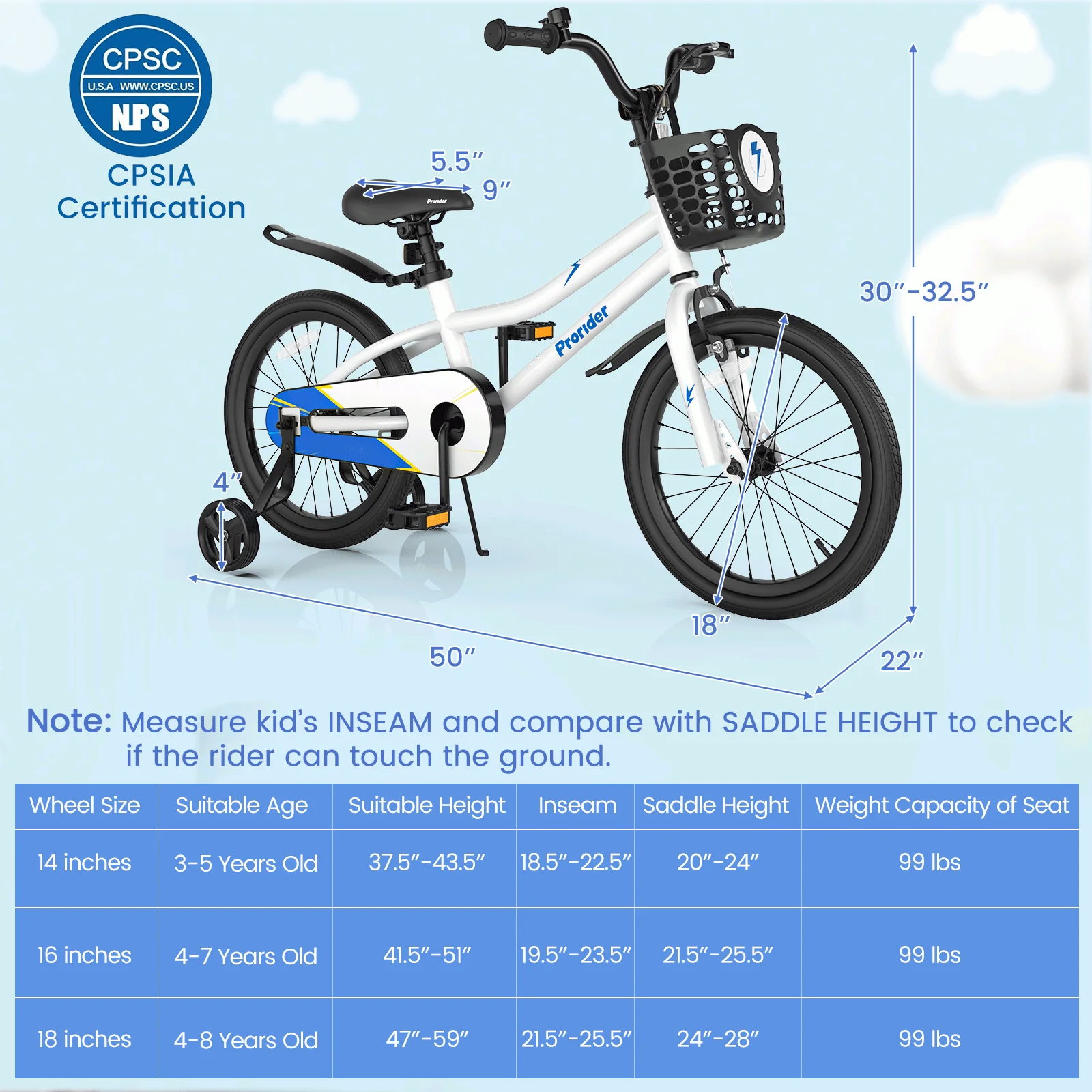18 Feet Kids Bike with Removable Training Wheels-White - Image 5
