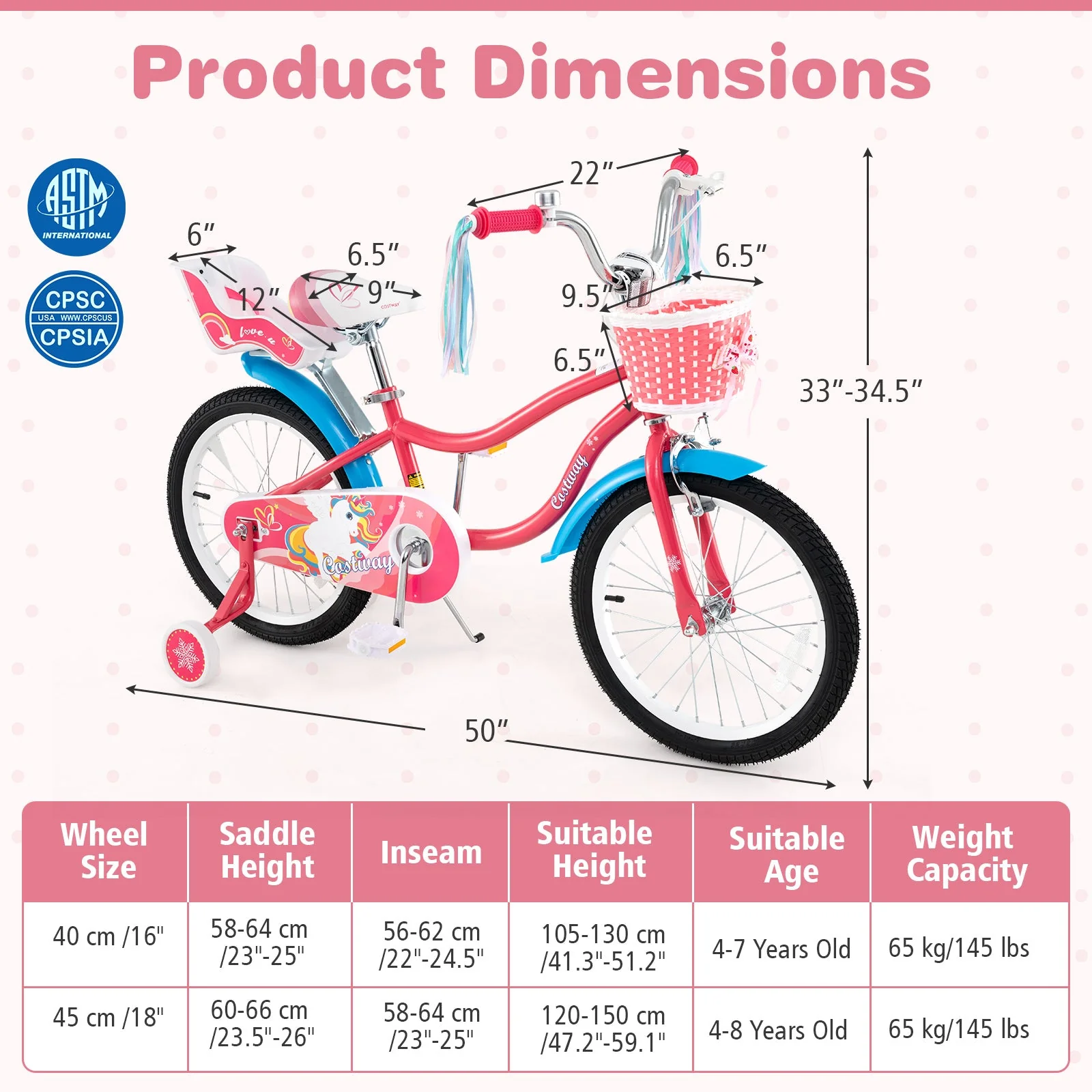18 Inch Girls Bike for 3-5 Years Old Kids Bike with Doll Seat and Training Wheels - Image 4