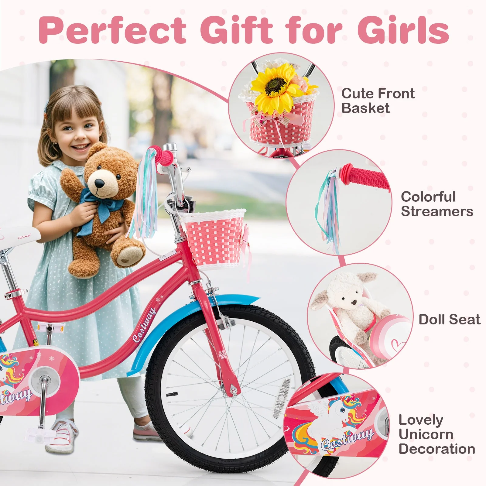 18 Inch Girls Bike for 3-5 Years Old Kids Bike with Doll Seat and Training Wheels - Image 5