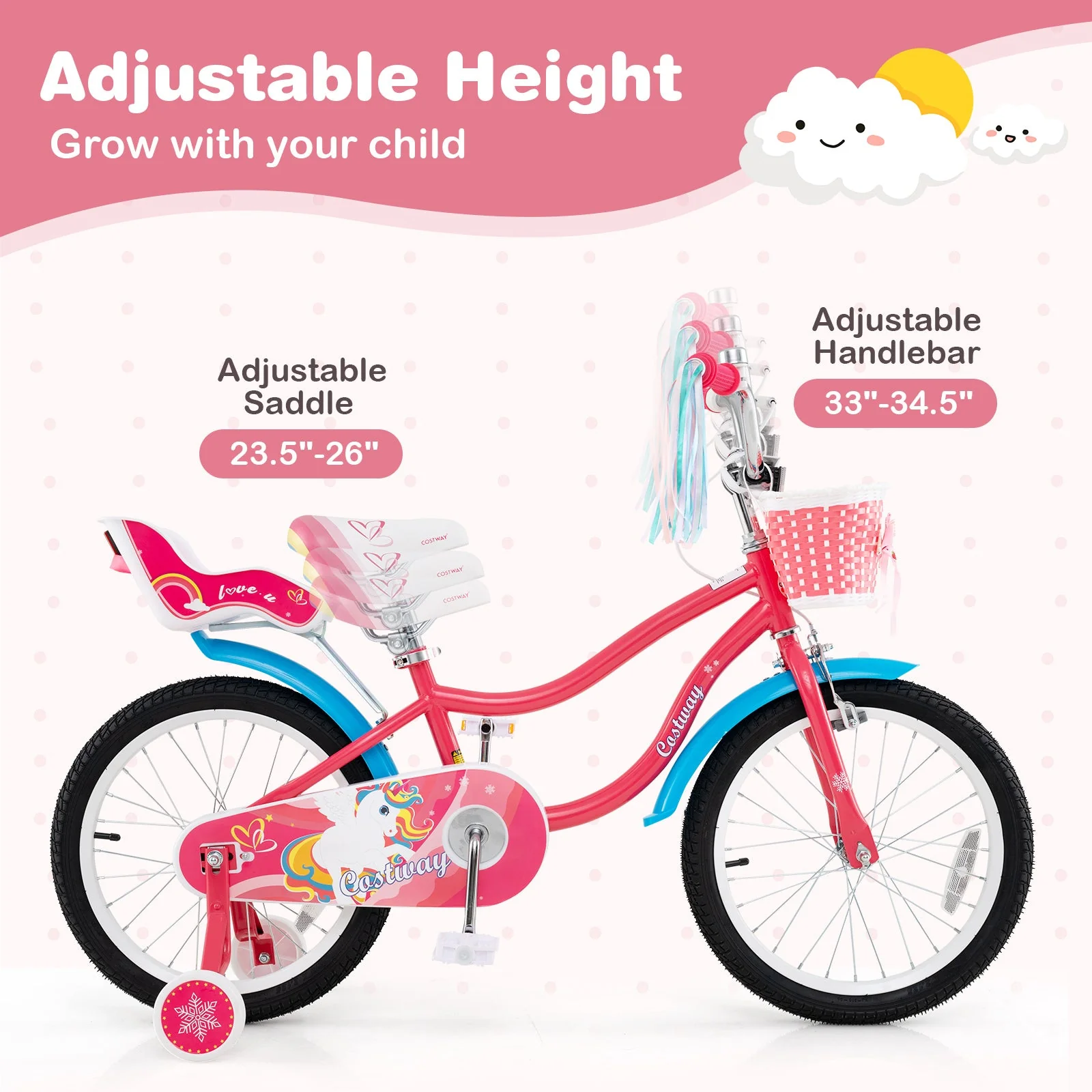 18 Inch Girls Bike for 3-5 Years Old Kids Bike with Doll Seat and Training Wheels - Image 6