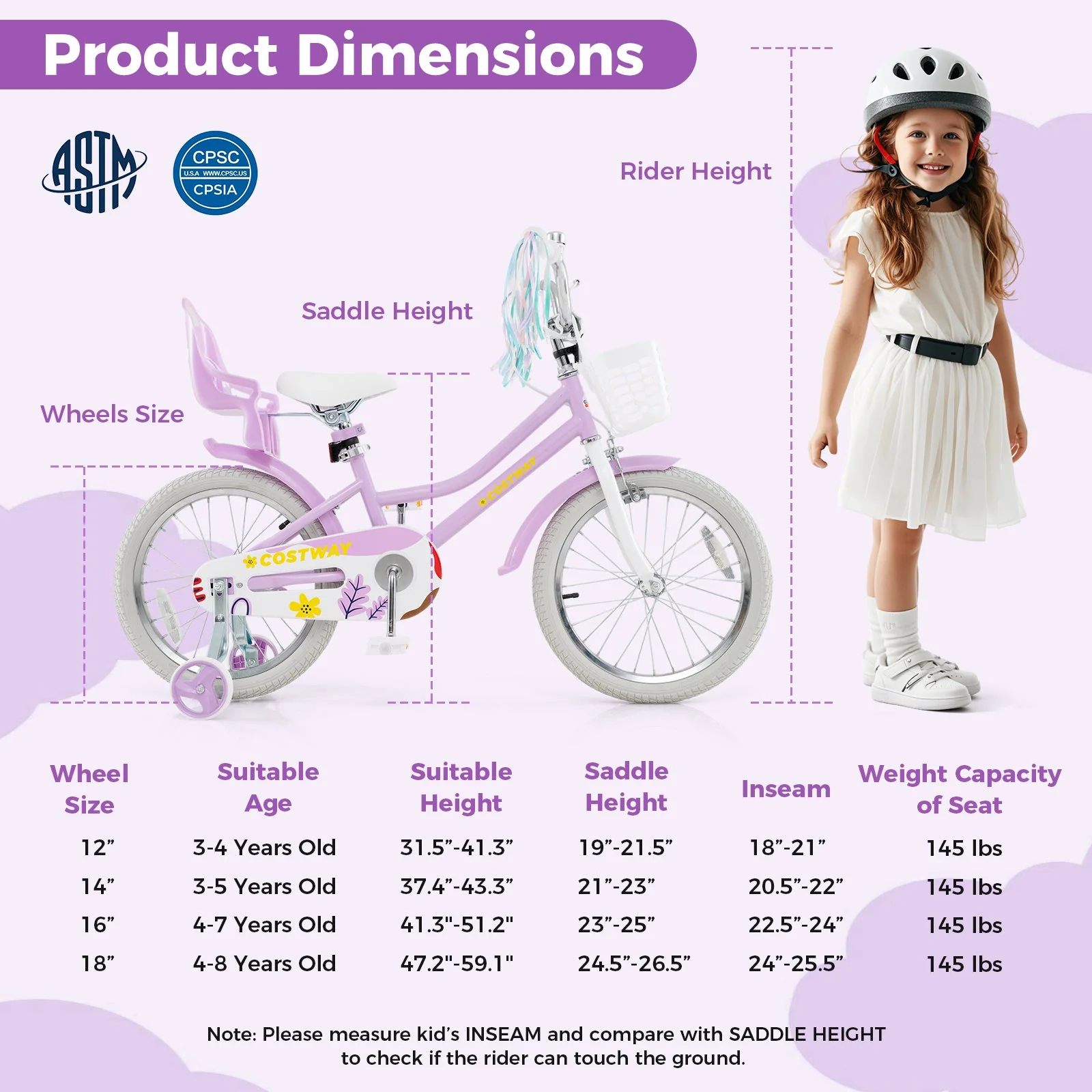18 Inch Girls Bike Kids Bicycle with Doll Seat and Streamers for Children 4-8 Years Old - Image 4