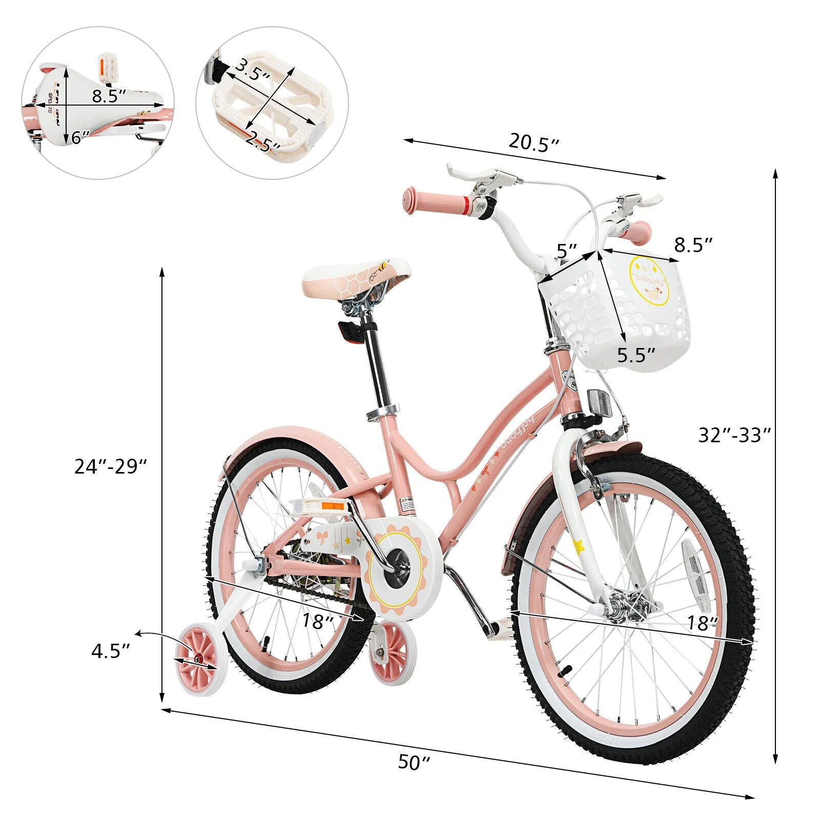 18 Inch Kids Adjustable Bike Toddlers with Training Wheels-Pink - Image 5