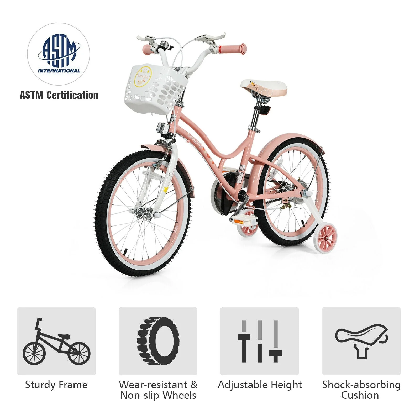 18 Inch Kids Adjustable Bike Toddlers with Training Wheels-Pink - Image 7