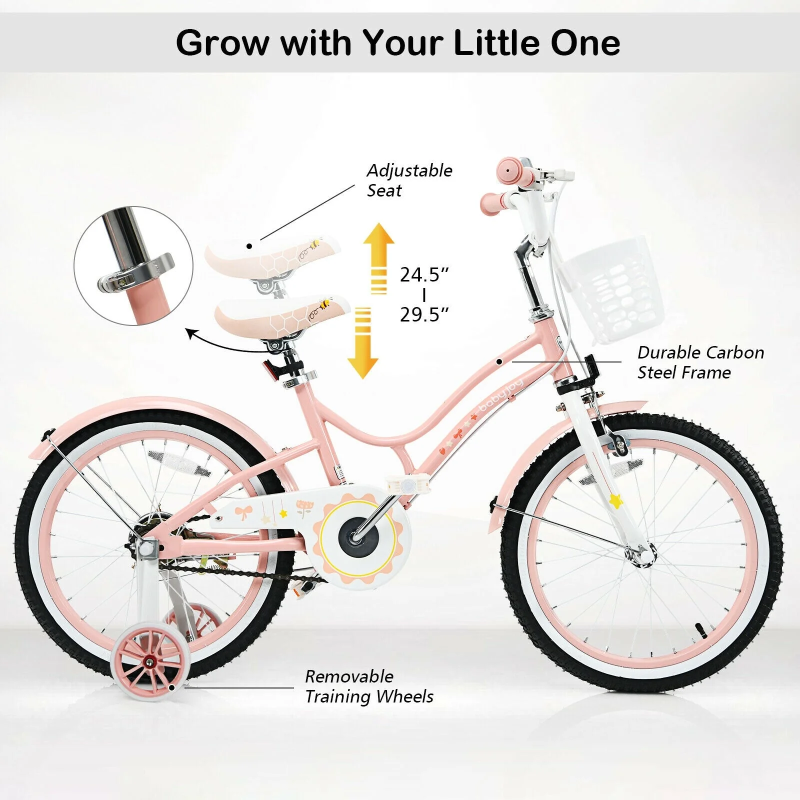 18 Inch Kids Adjustable Bike Toddlers with Training Wheels-Pink - Image 8
