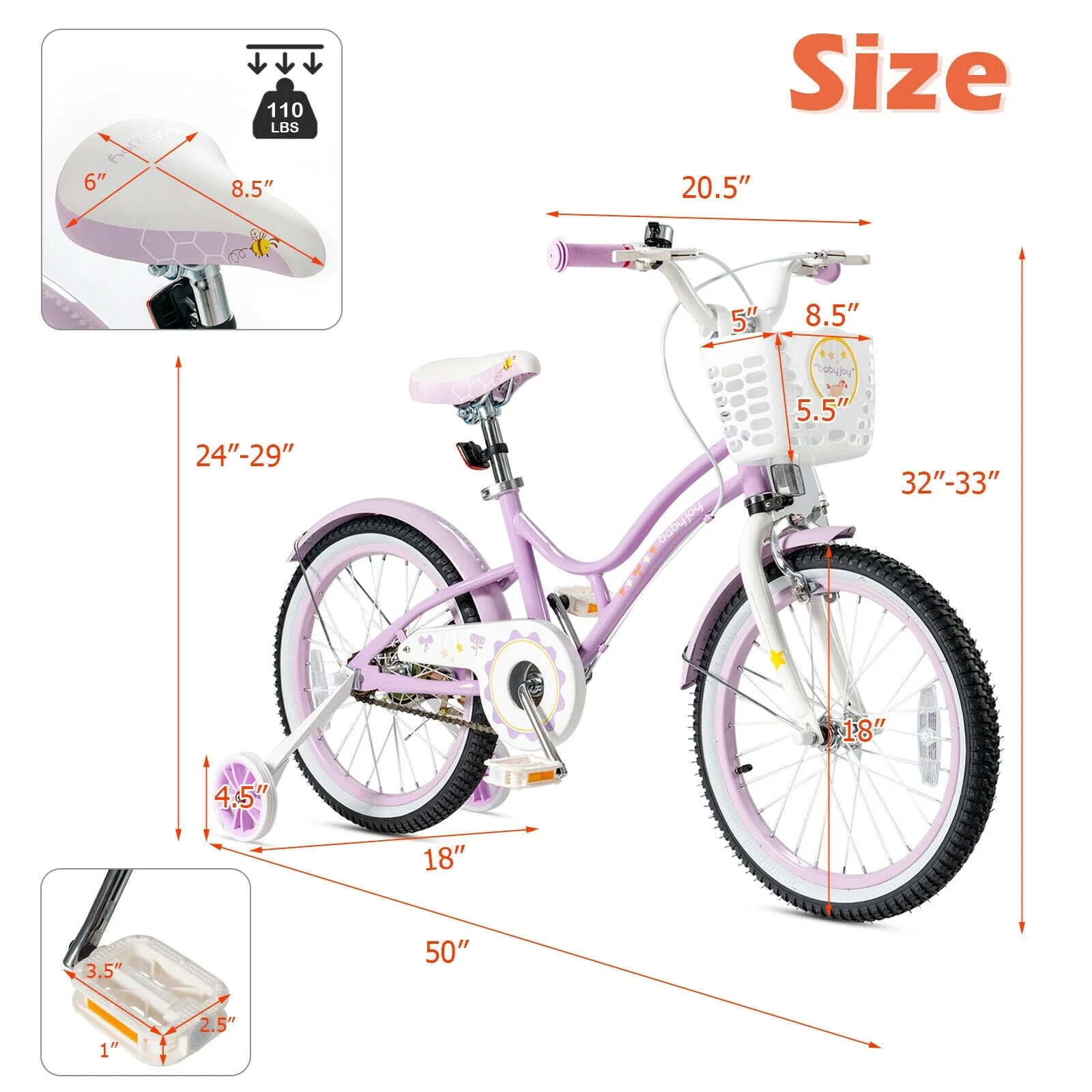18 Inch Kids Adjustable Bike with Training Wheels-Purple - Image 4