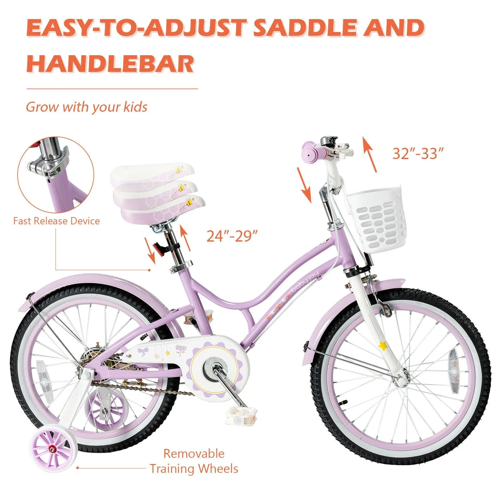 18 Inch Kids Adjustable Bike with Training Wheels-Purple - Image 7