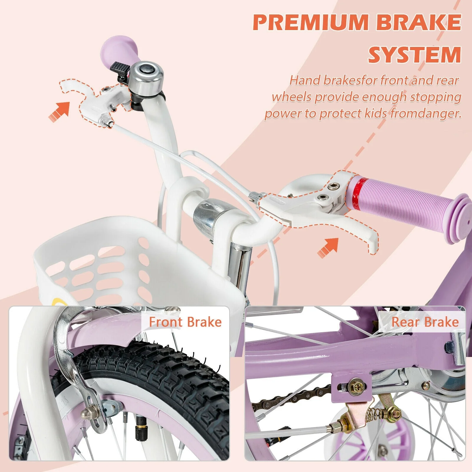 18 Inch Kids Adjustable Bike with Training Wheels-Purple - Image 8
