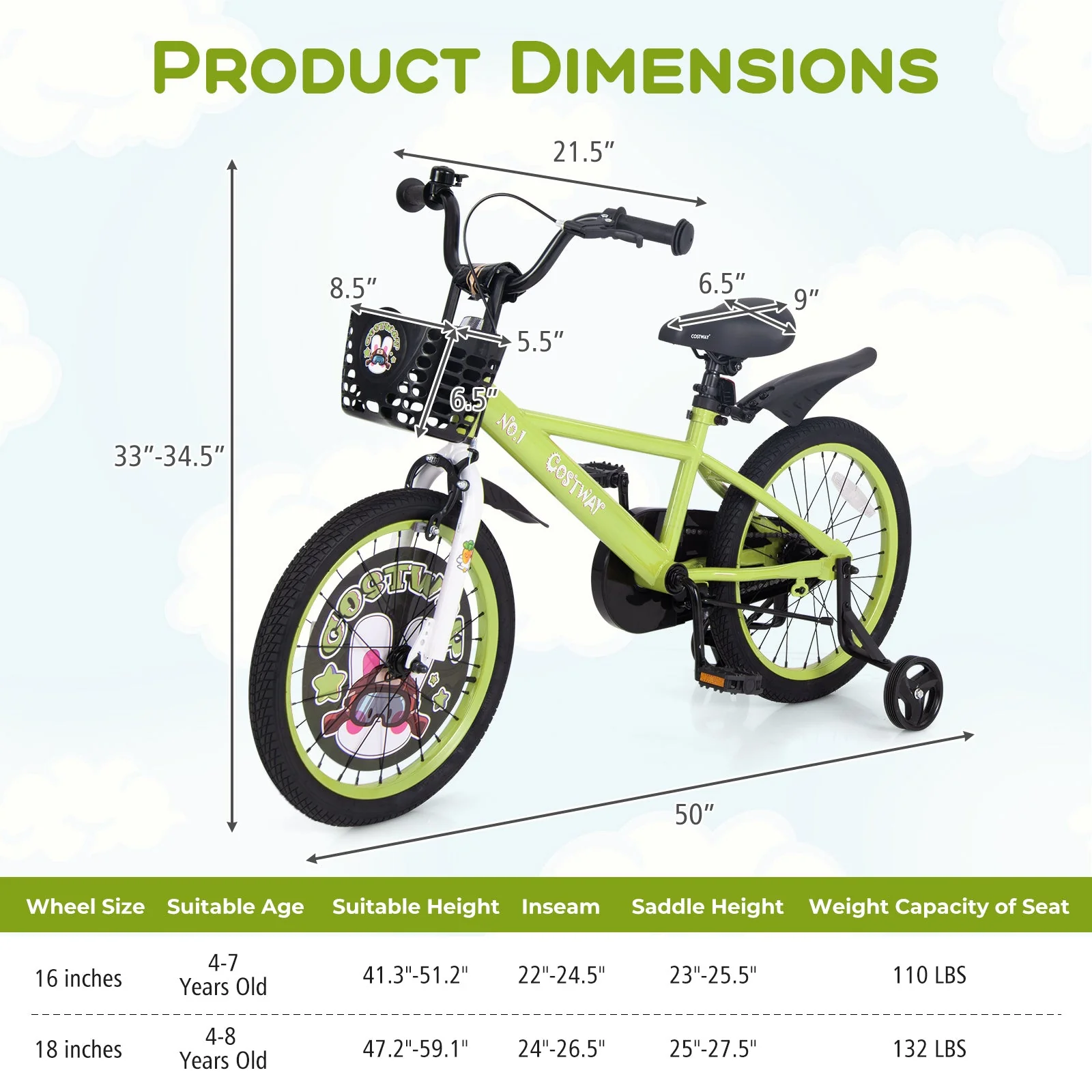 18 Inch Kids Bike Adjustable with Detachable Training Wheels for 4-8 Years Old-18 inches - Image 4