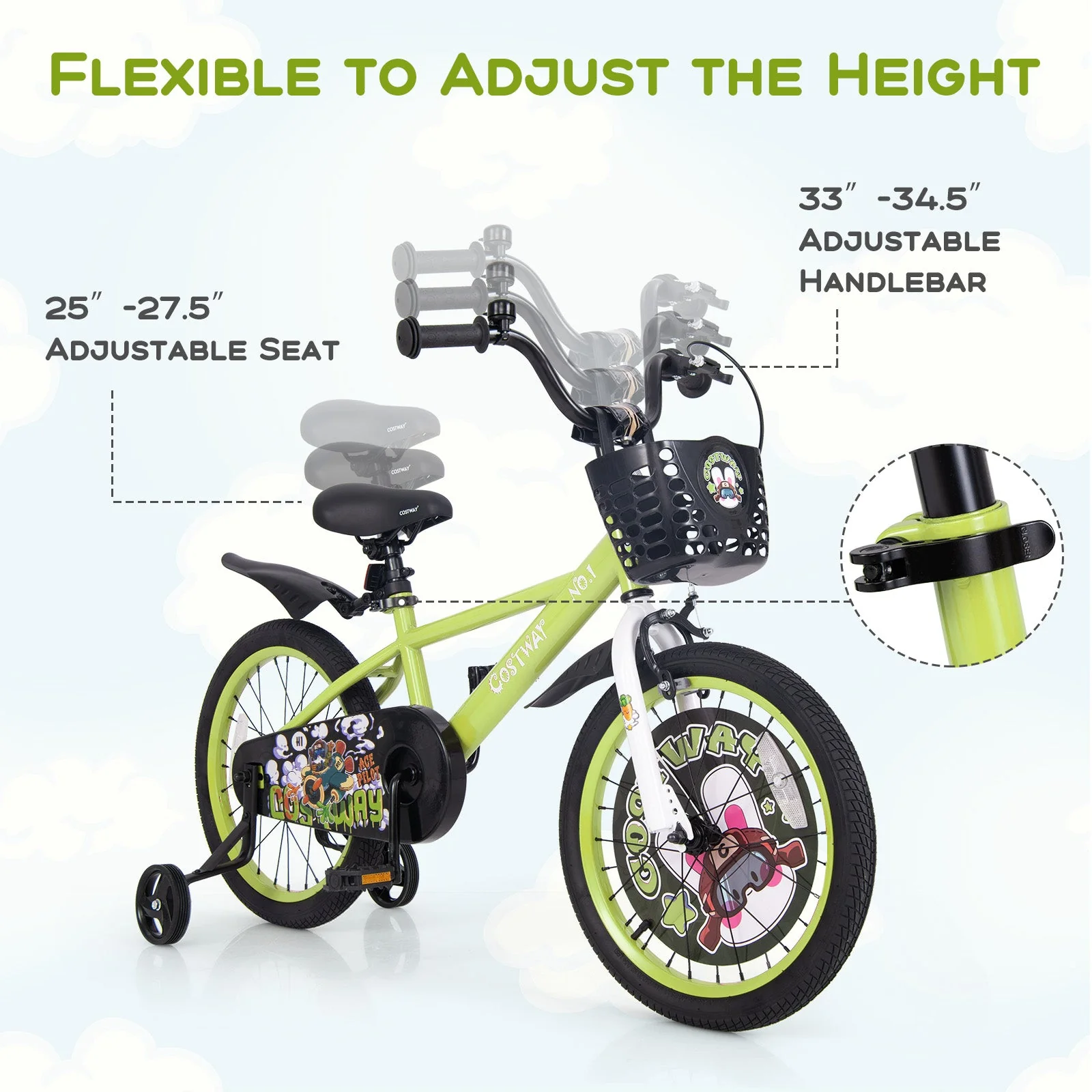 18 Inch Kids Bike Adjustable with Detachable Training Wheels for 4-8 Years Old-18 inches - Image 5